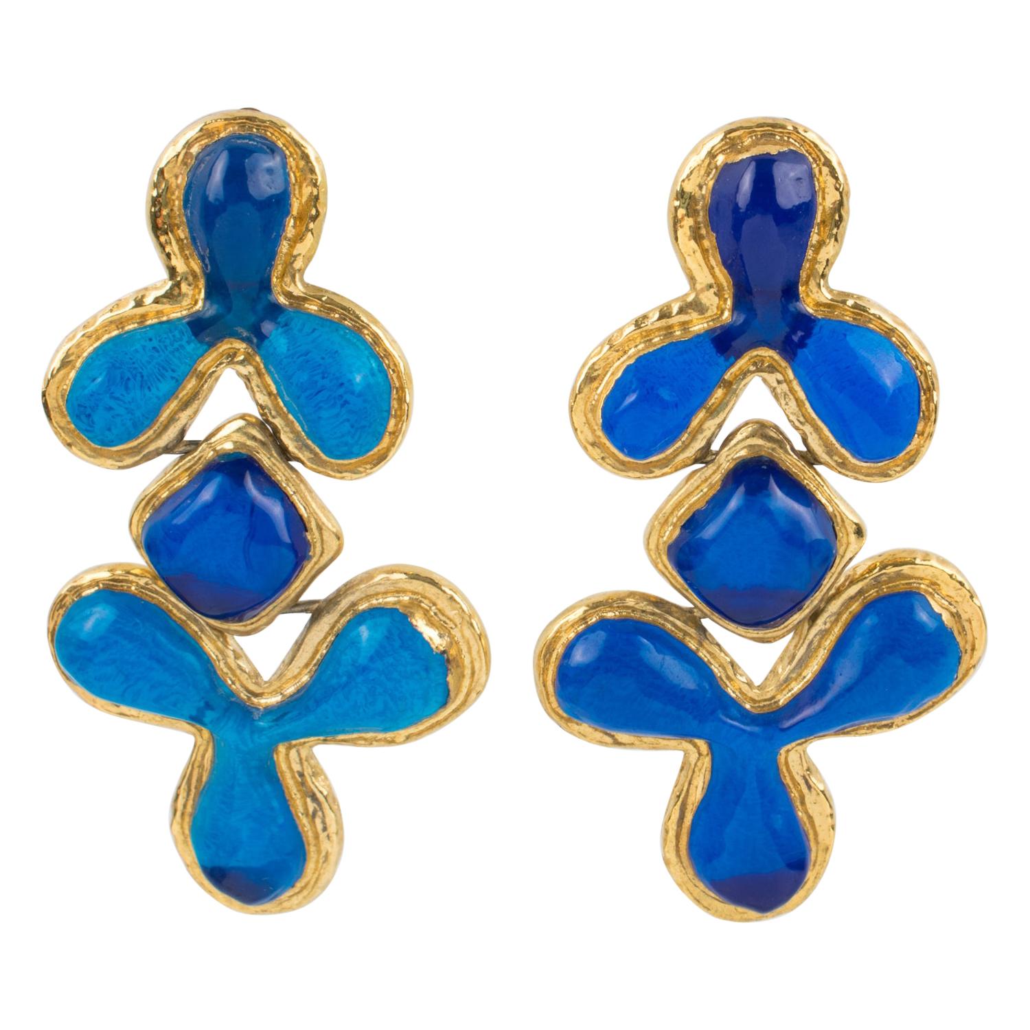 Guy Laroche Dangle Gilt Metal Clip Earrings Cobalt Blue Resin