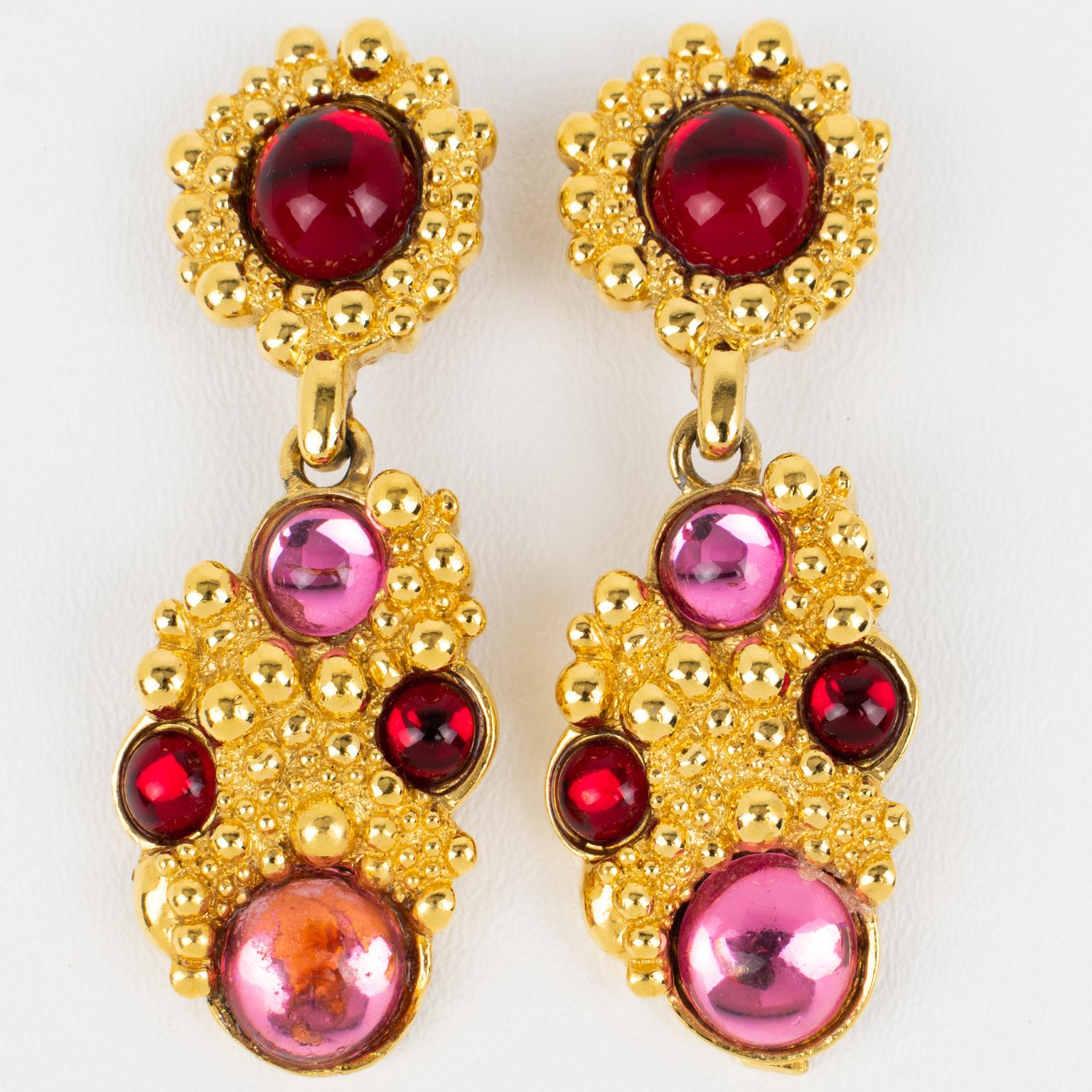Modern Guy Laroche Dangle Gilt Metal Clip Earrings Pink and Red Poured Glass Cabochons For Sale