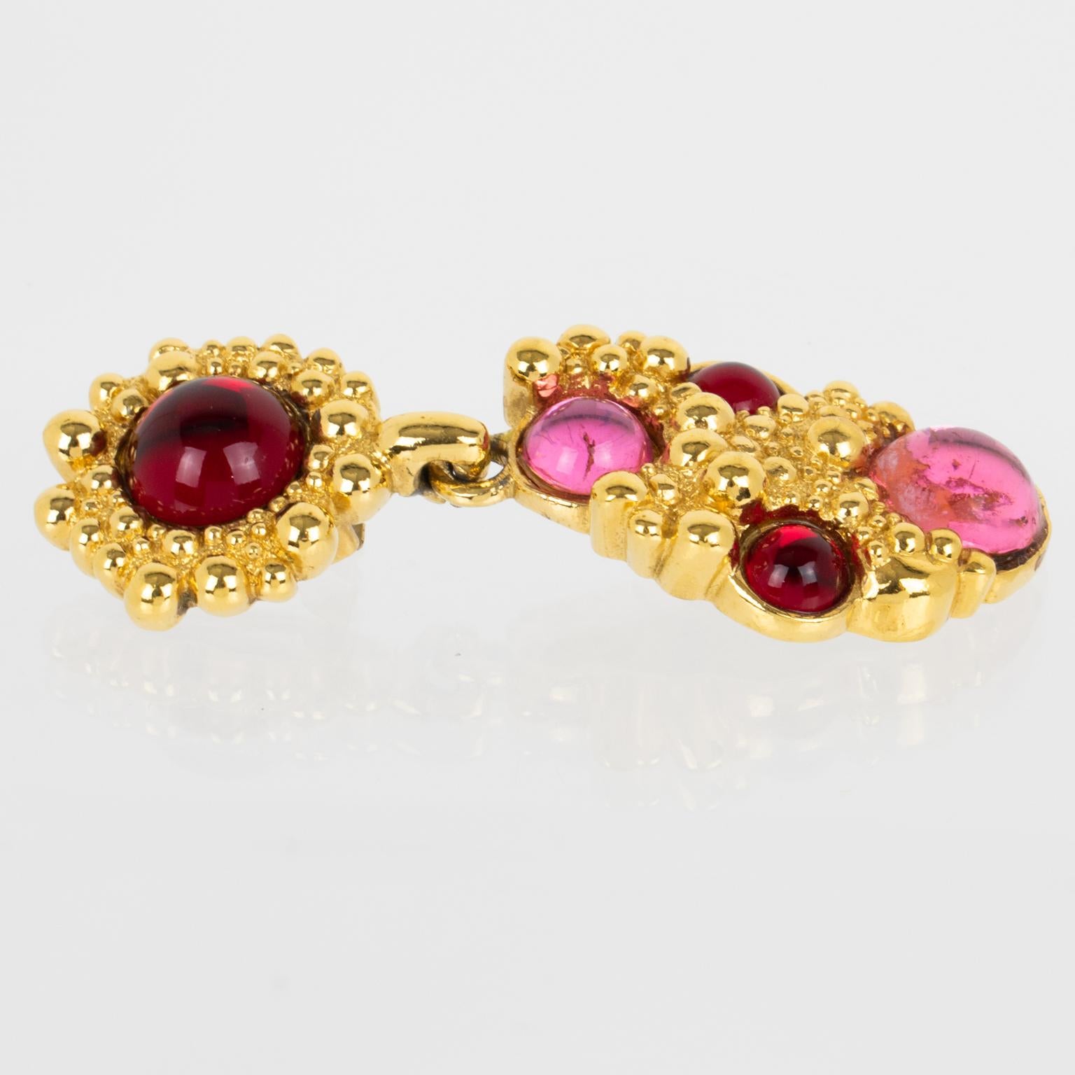 Guy Laroche Dangle Gilt Metal Clip Earrings Pink and Red Poured Glass Cabochons For Sale 1