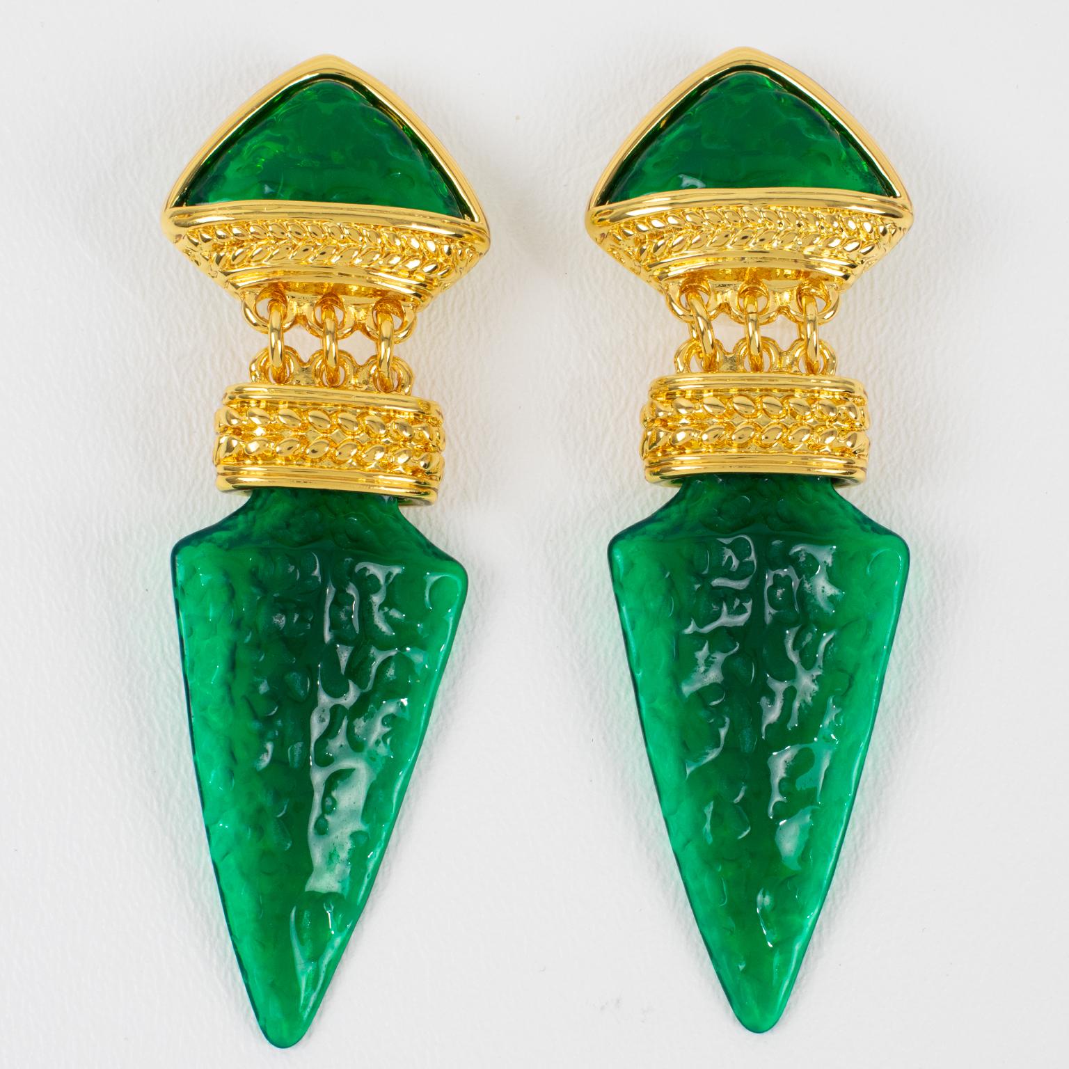 Modern Guy Laroche Dangle Gilt Metal Clip Earrings with Emerald Green Resin