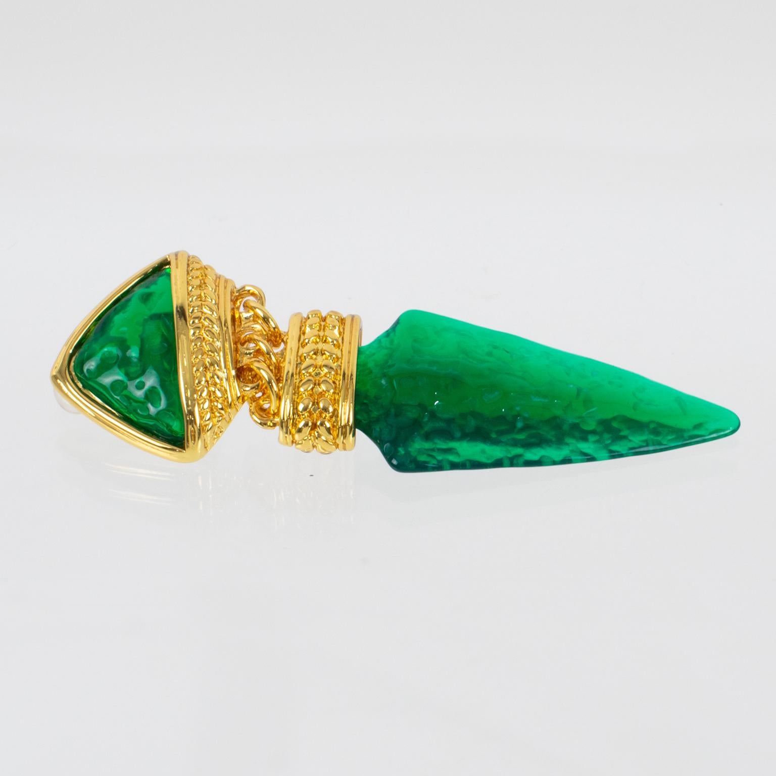 Guy Laroche Dangle Gilt Metal Clip Earrings with Emerald Green Resin 1