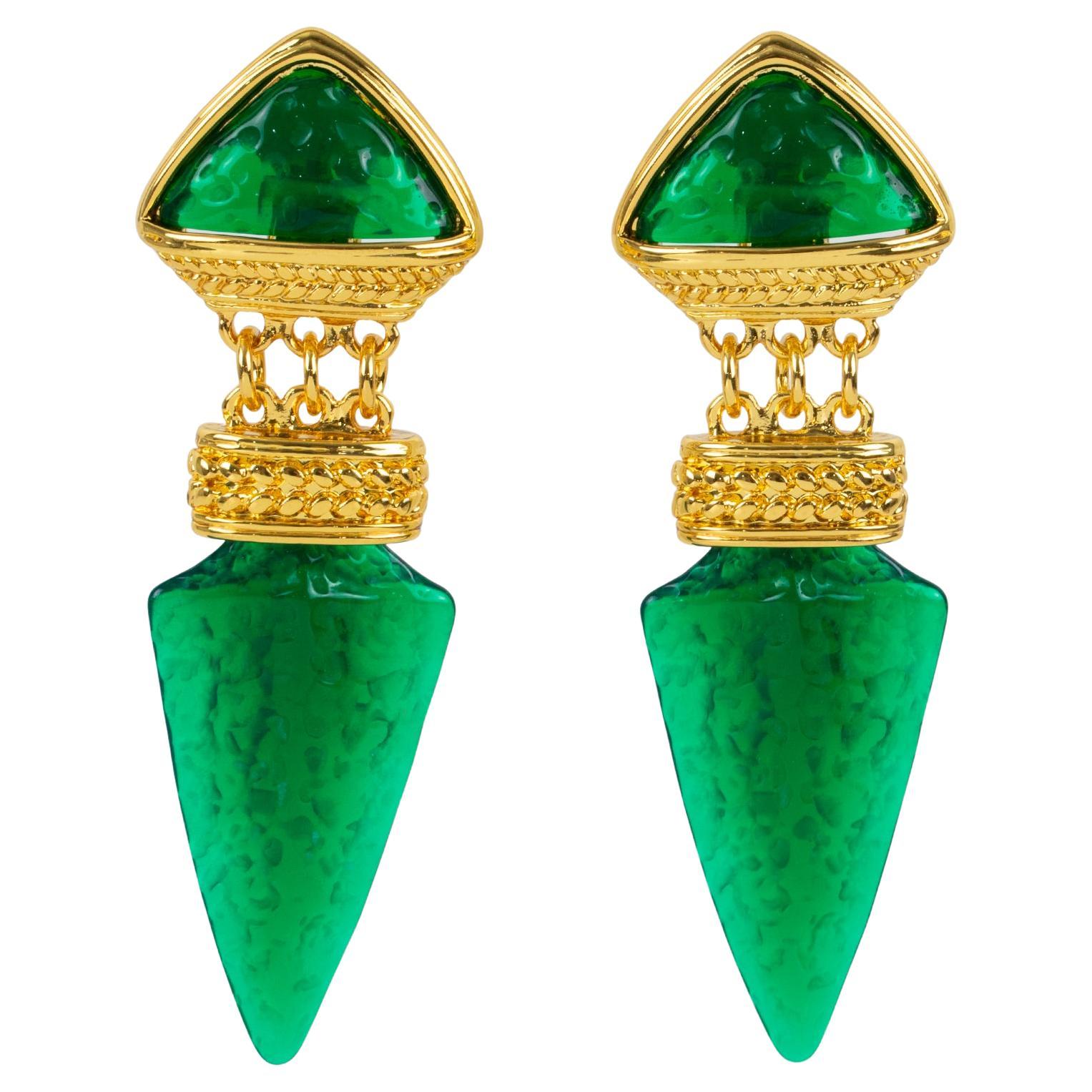 Guy Laroche Dangle Gilt Metal Clip Earrings with Emerald Green Resin
