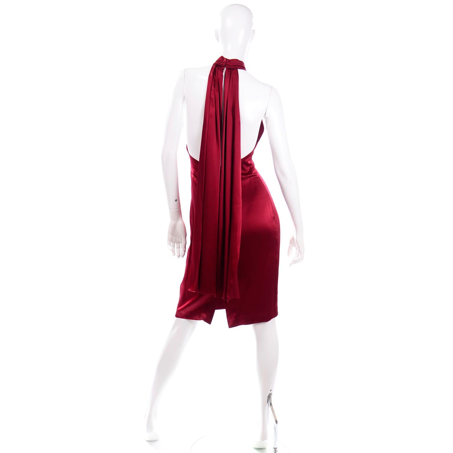 Guy Laroche Deep Red Silk Charmeuse Halter Dress w Back Panels In Excellent Condition For Sale In Portland, OR