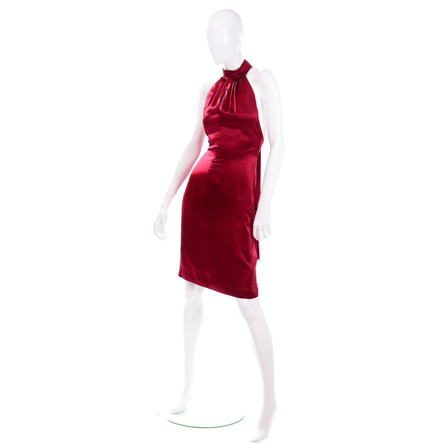 Women's Guy Laroche Deep Red Silk Charmeuse Halter Dress w Back Panels For Sale