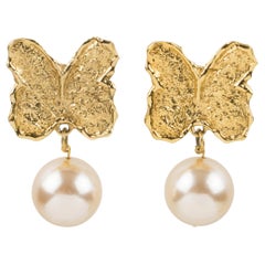 Guy Laroche Gilded Metal Butterfly Clip Earrings with Pink Pearl