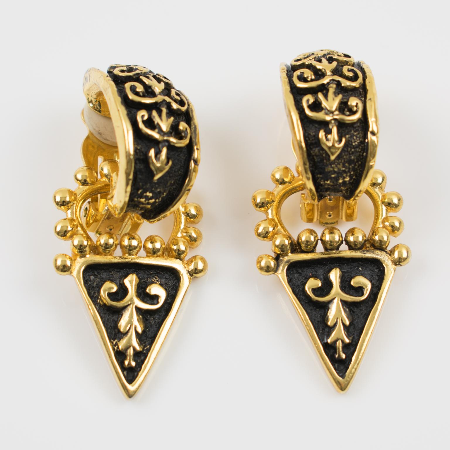 Baroque Revival Guy Laroche Gilt Metal and Black Enamel Dangle Clip Earrings
