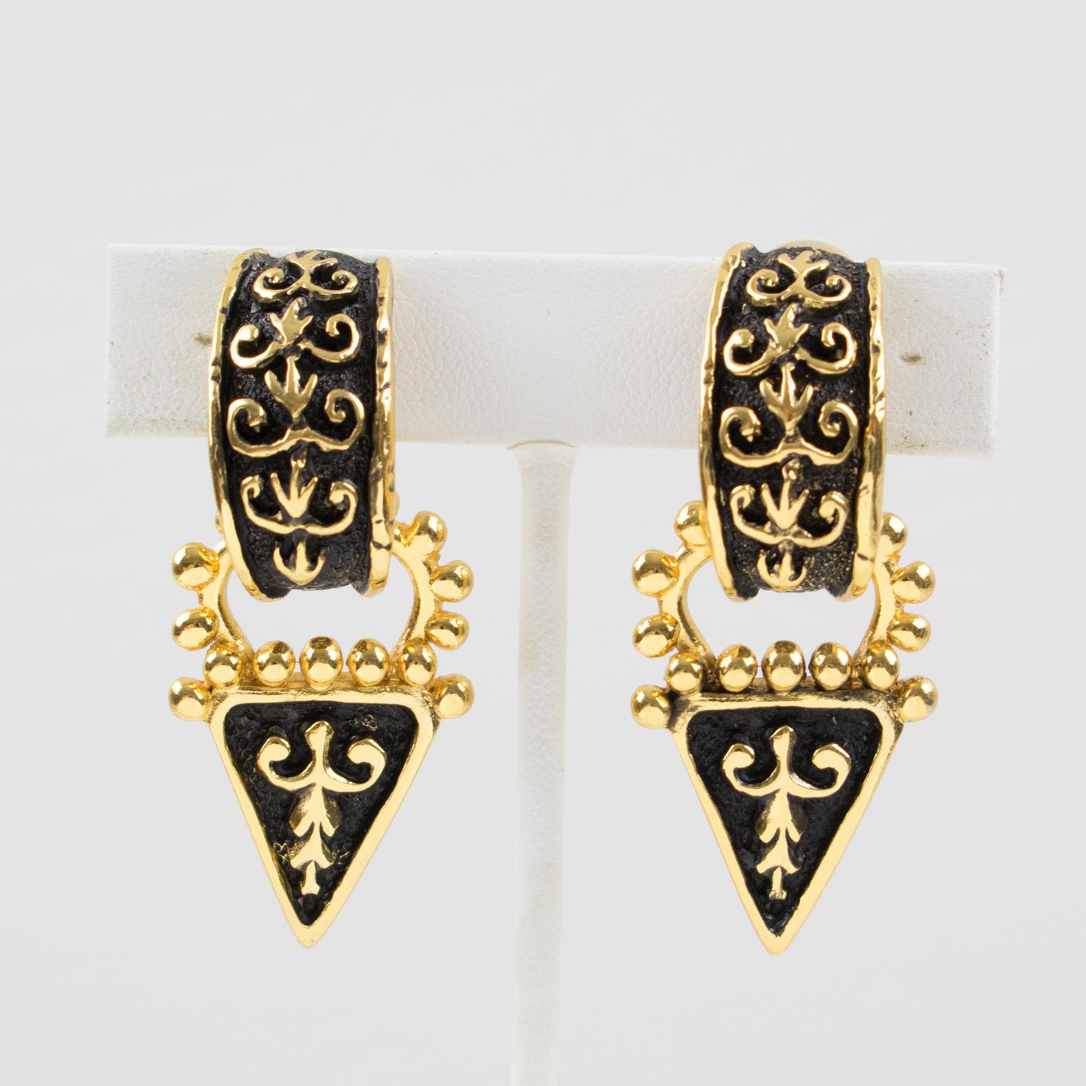 Guy Laroche Gilt Metal and Black Enamel Dangle Clip Earrings 1