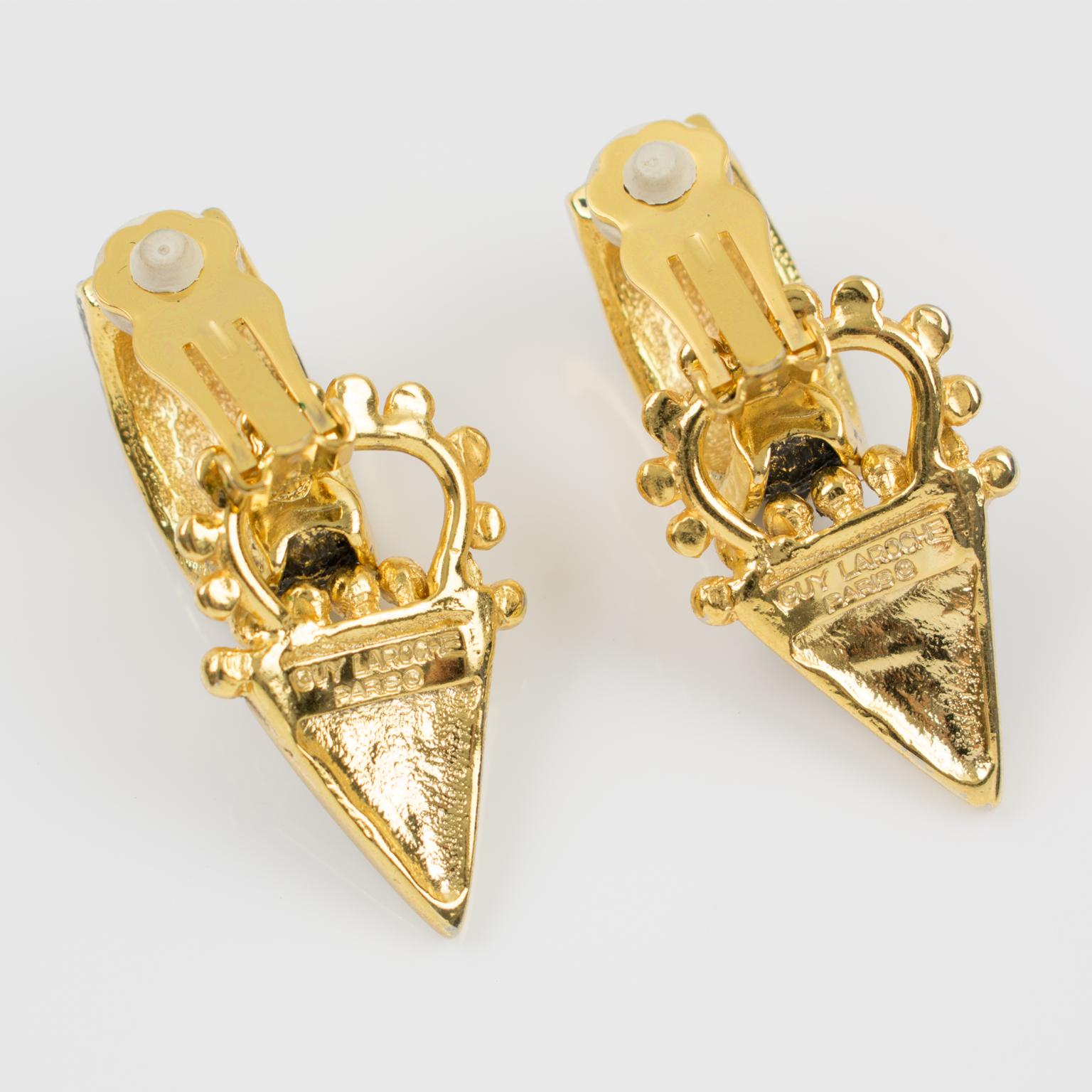 Guy Laroche Gilt Metal and Black Enamel Dangle Clip Earrings 3