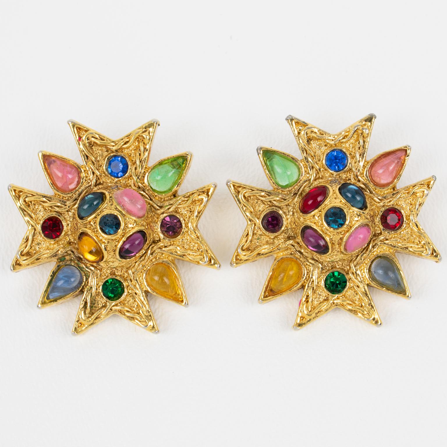 Modern Guy Laroche Gilt Metal and Multicolor Jeweled Clip Earrings For Sale
