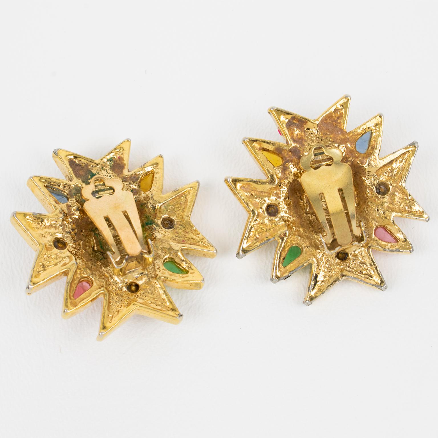 Guy Laroche Gilt Metal and Multicolor Jeweled Clip Earrings In Good Condition For Sale In Atlanta, GA