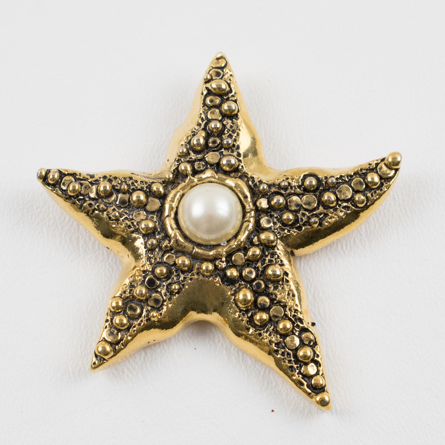 Modern Guy Laroche Gilt Metal and Pearl Starfish Pin Brooch For Sale