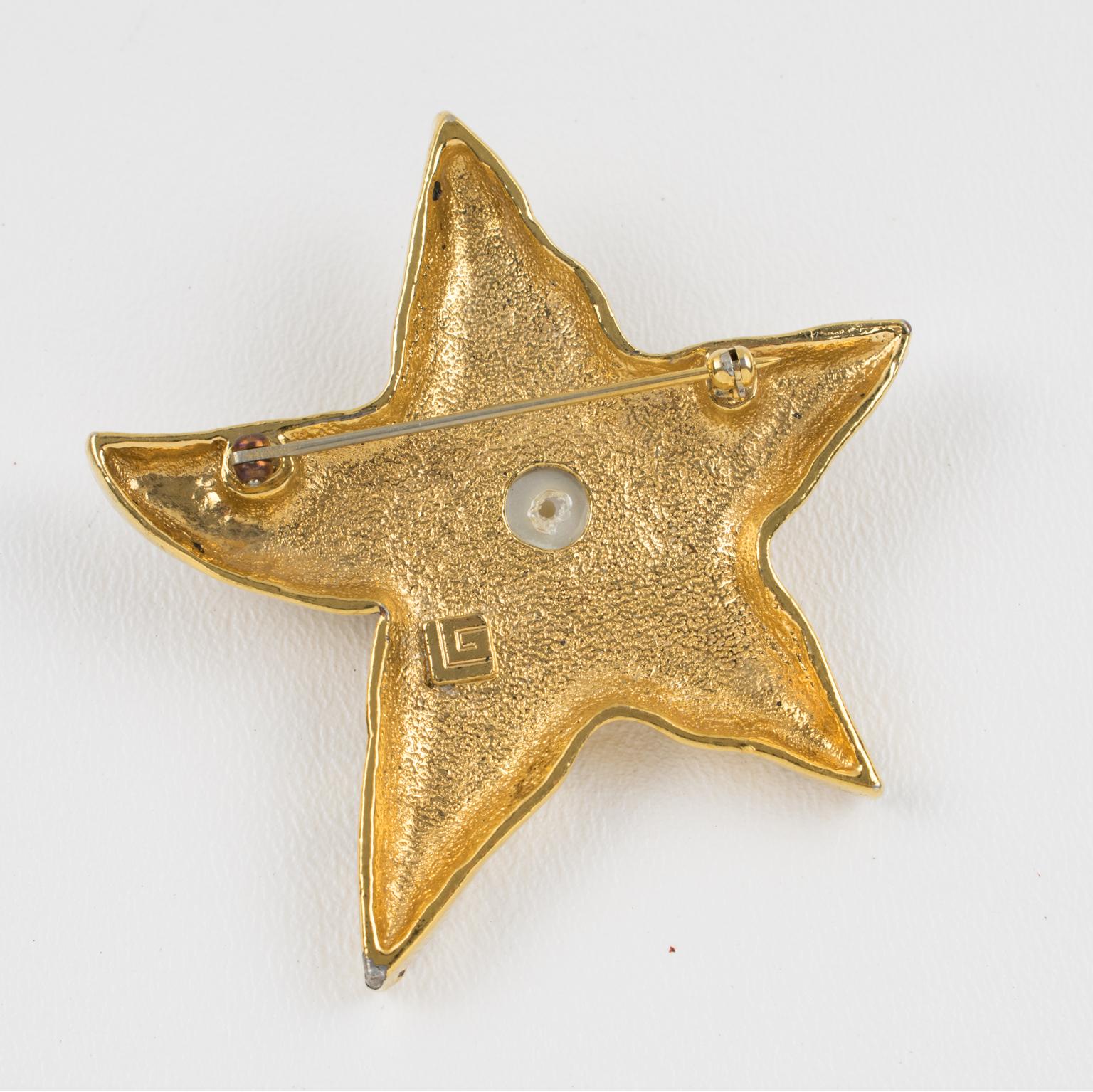 Guy Laroche Gilt Metal and Pearl Starfish Pin Brooch In Excellent Condition For Sale In Atlanta, GA