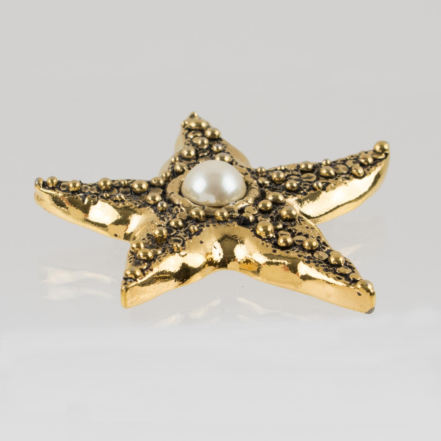 Guy Laroche Gilt Metal and Pearl Starfish Pin Brooch For Sale 1