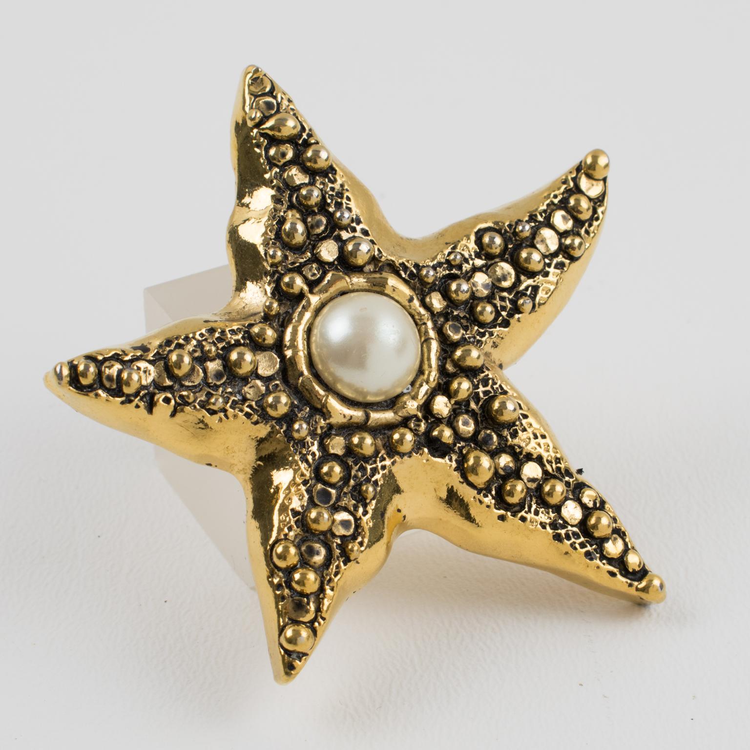 Guy Laroche Gilt Metal and Pearl Starfish Pin Brooch For Sale 3
