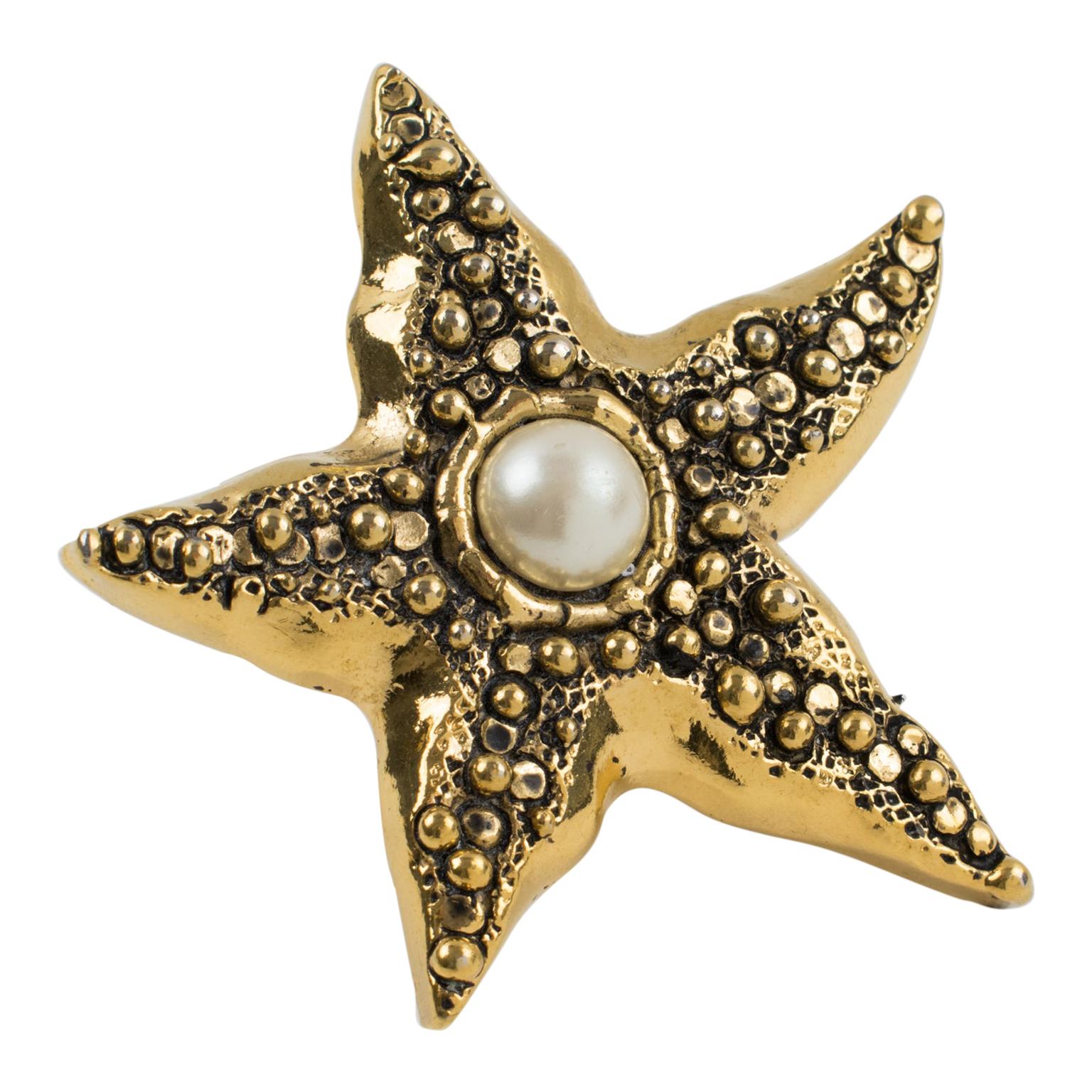 Guy Laroche Gilt Metal and Pearl Starfish Pin Brooch For Sale
