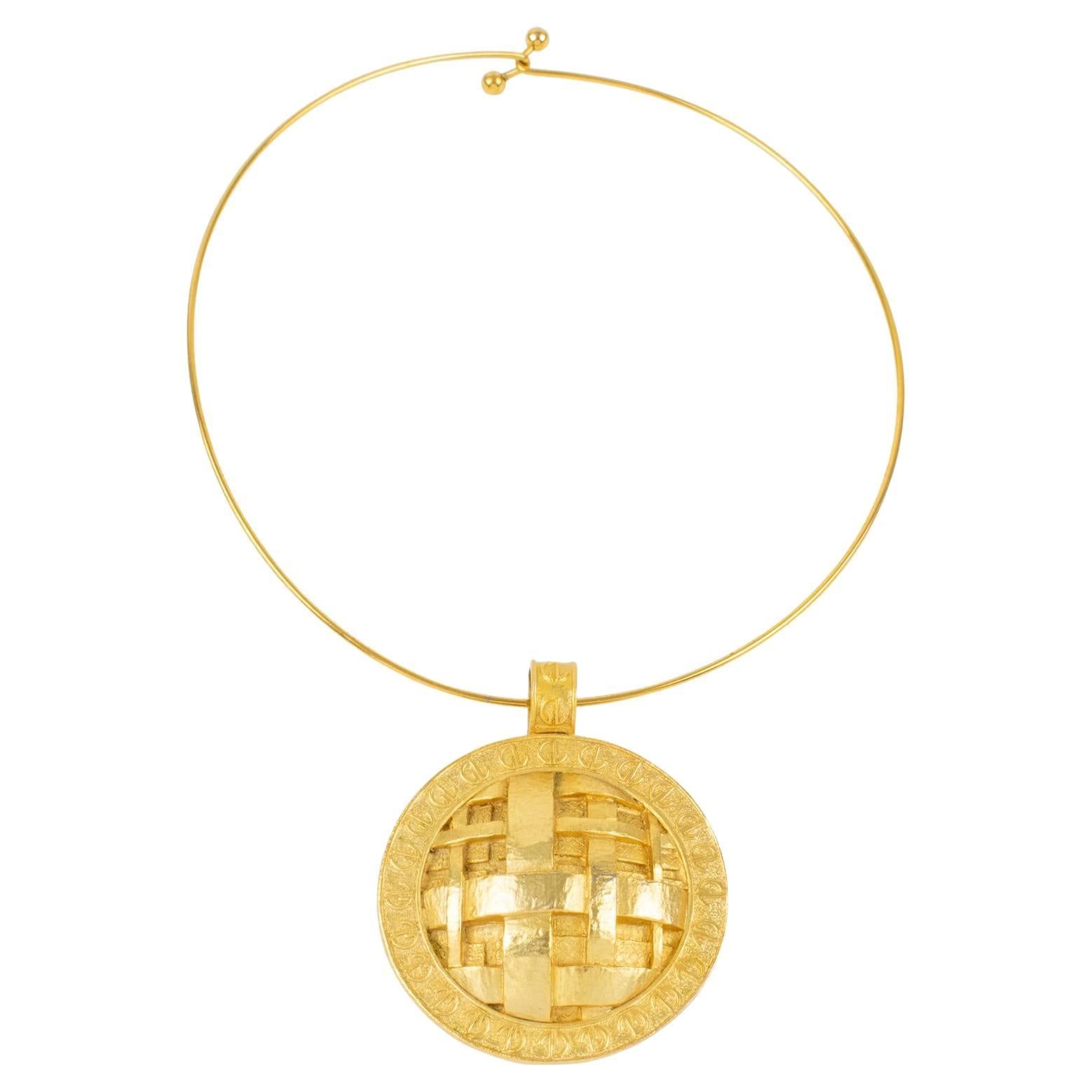 Guy Laroche Gilt Metal Rigid Collar Pendant Necklace