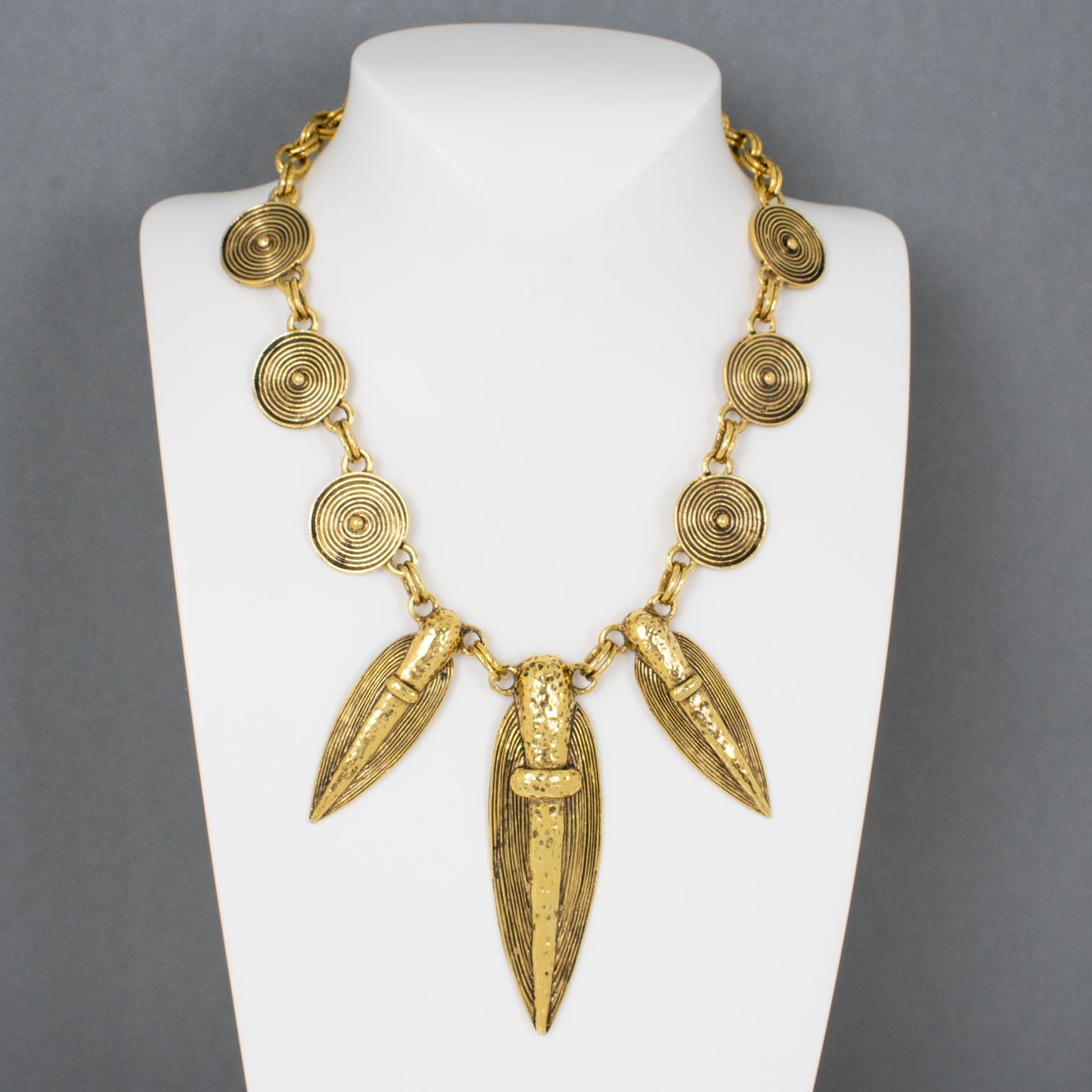 Modern Guy Laroche Gilt Metal Tribal Necklace For Sale