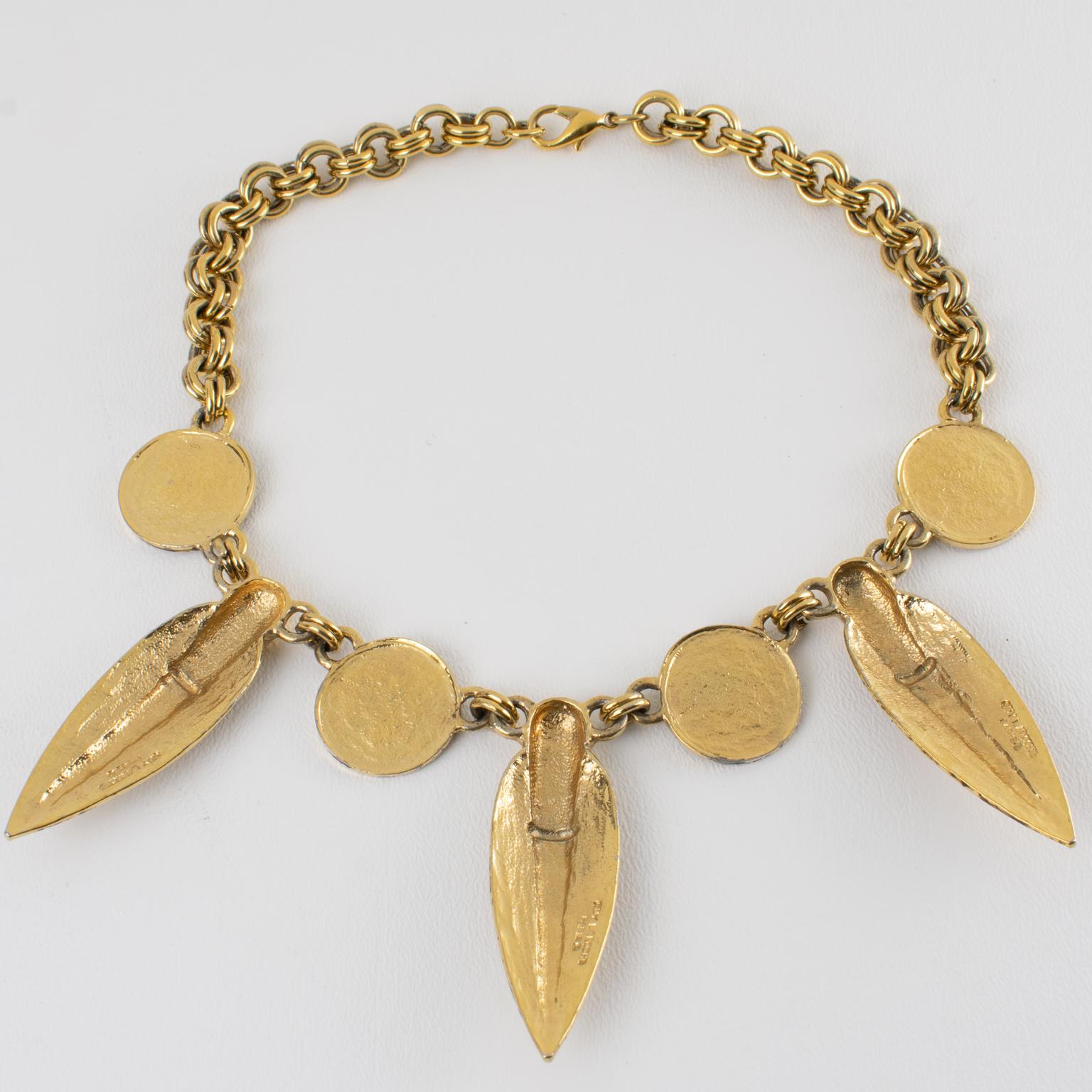 Guy Laroche Gilt Metal Tribal Necklace In Excellent Condition For Sale In Atlanta, GA