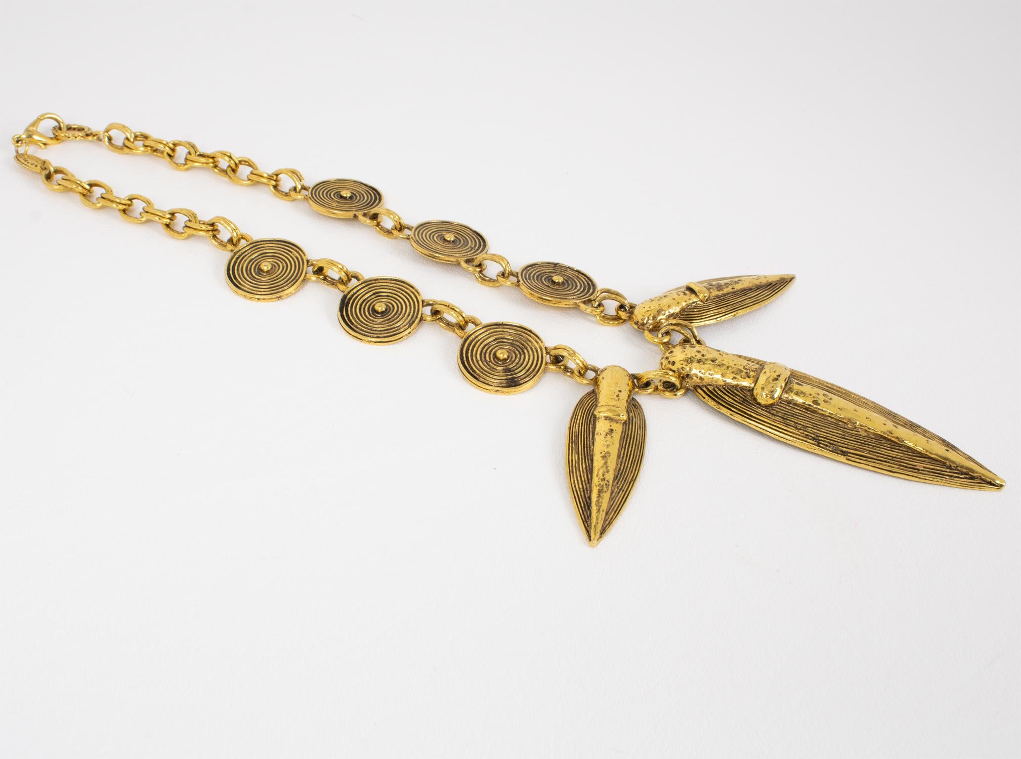 Guy Laroche Gilt Metal Tribal Necklace In Excellent Condition For Sale In Atlanta, GA
