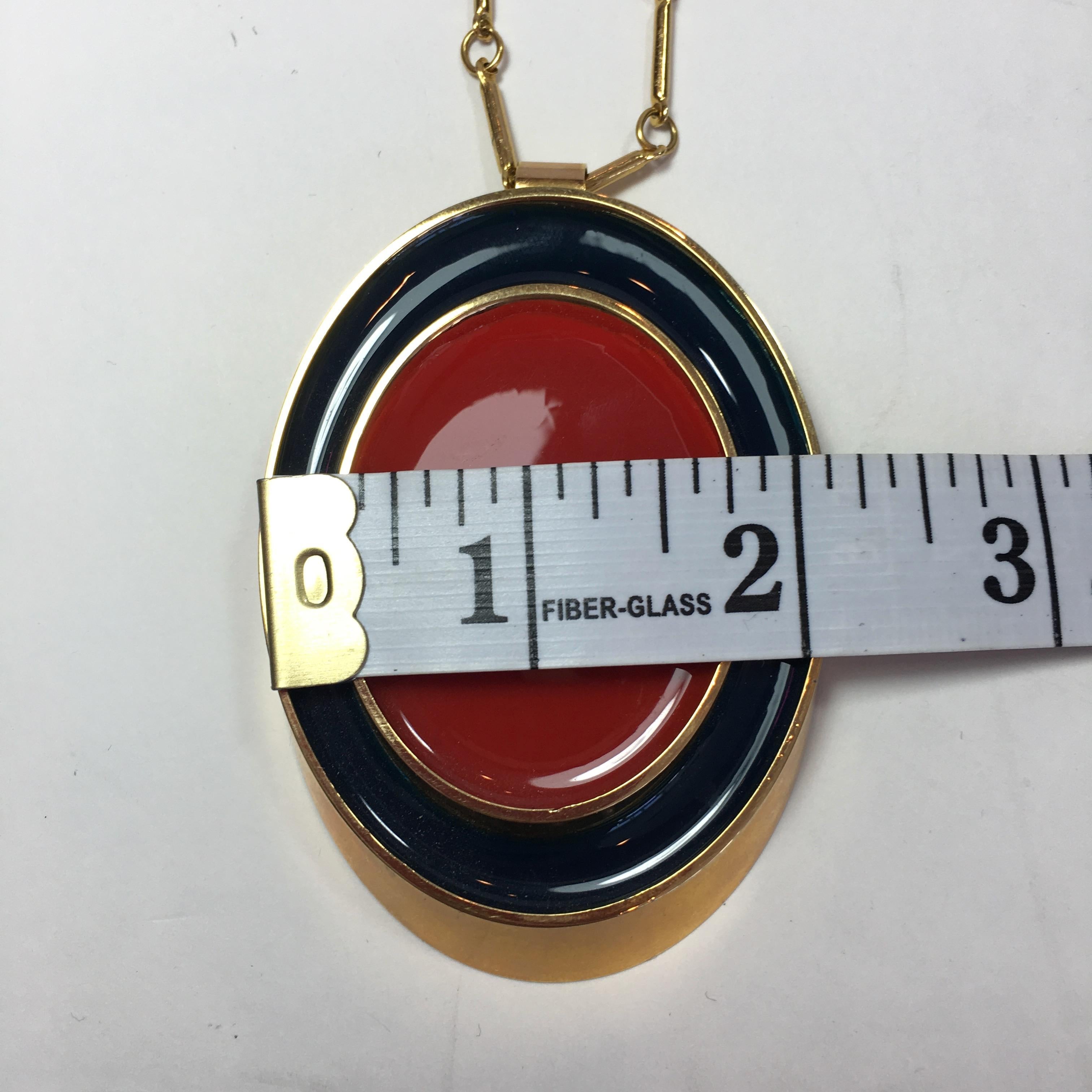 Guy Laroche Gold Tone Necklace with Red + Navy Enamel Plated Oval Pendant In Good Condition For Sale In Los Angeles, CA