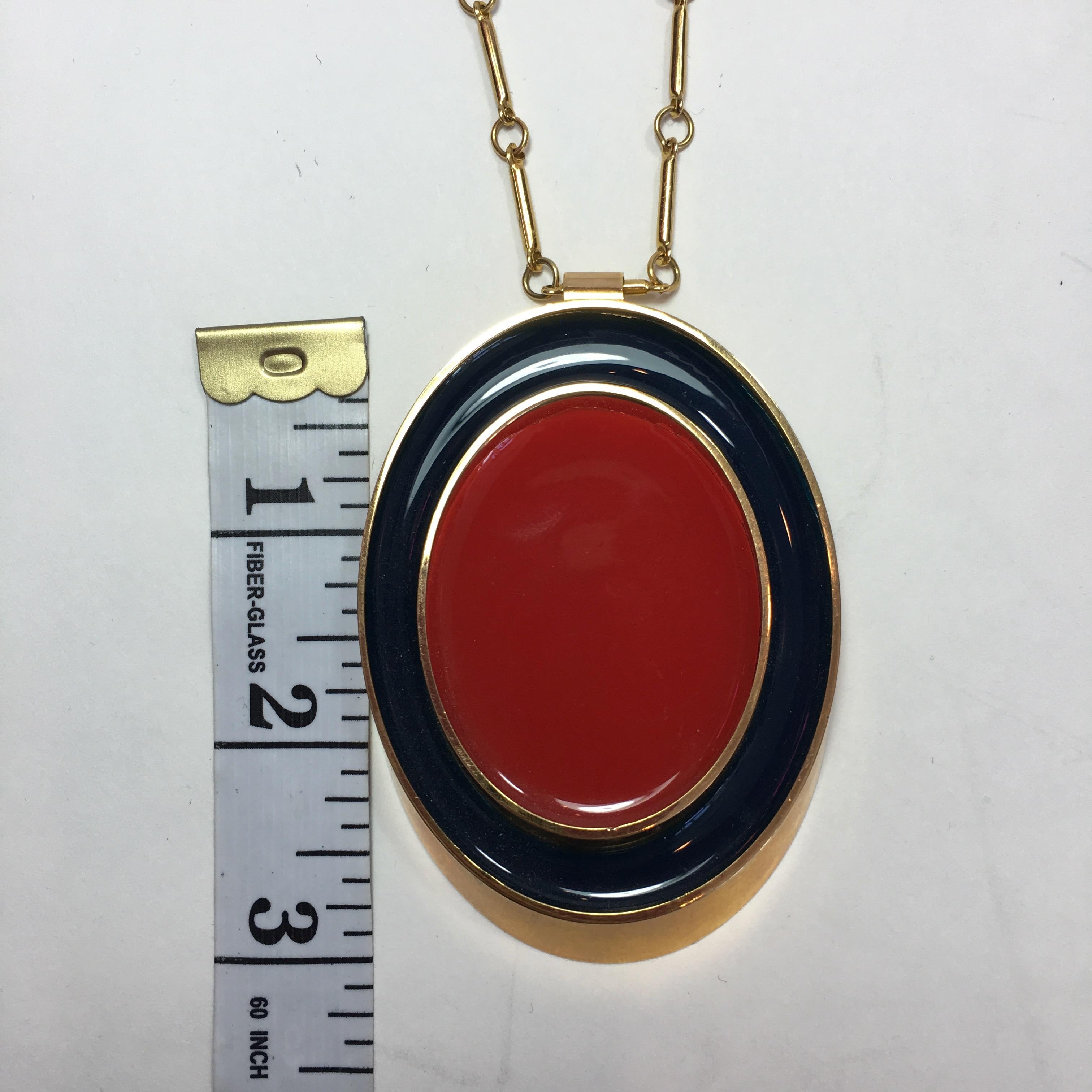 Women's or Men's Guy Laroche Gold Tone Necklace with Red + Navy Enamel Plated Oval Pendant For Sale