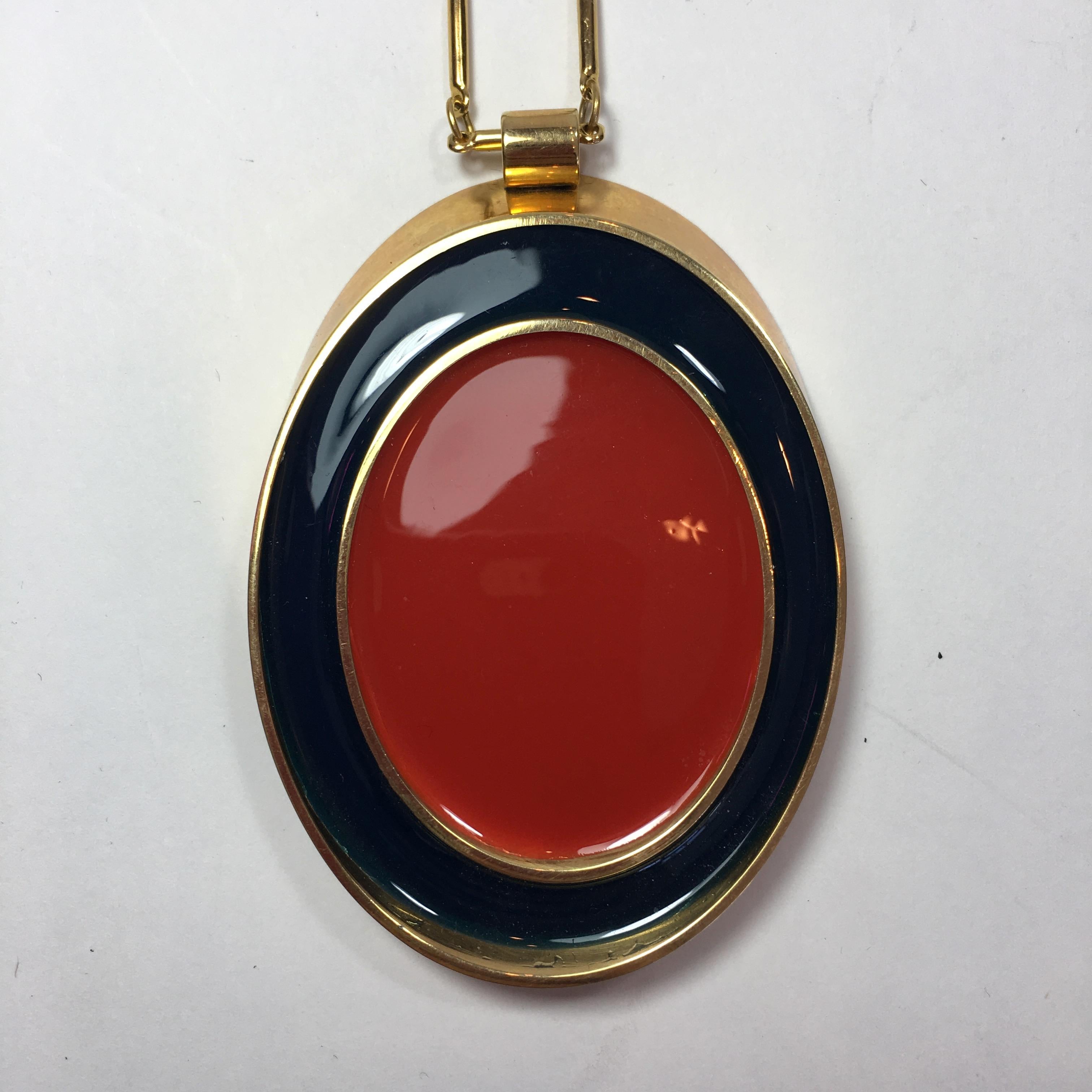 Guy Laroche Gold Tone Necklace with Red + Navy Enamel Plated Oval Pendant For Sale 1