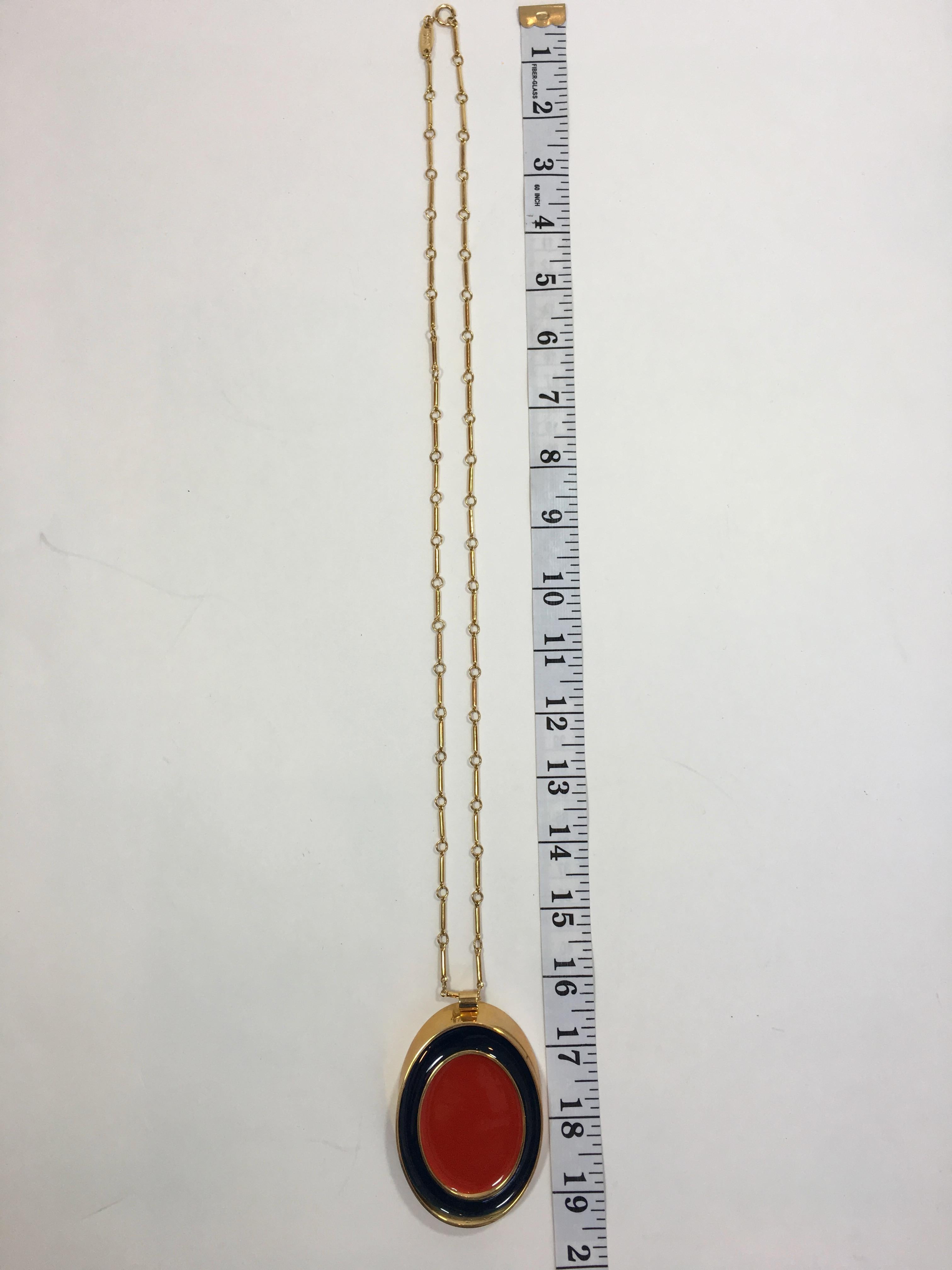 Guy Laroche Gold Tone Necklace with Red + Navy Enamel Plated Oval Pendant For Sale 2