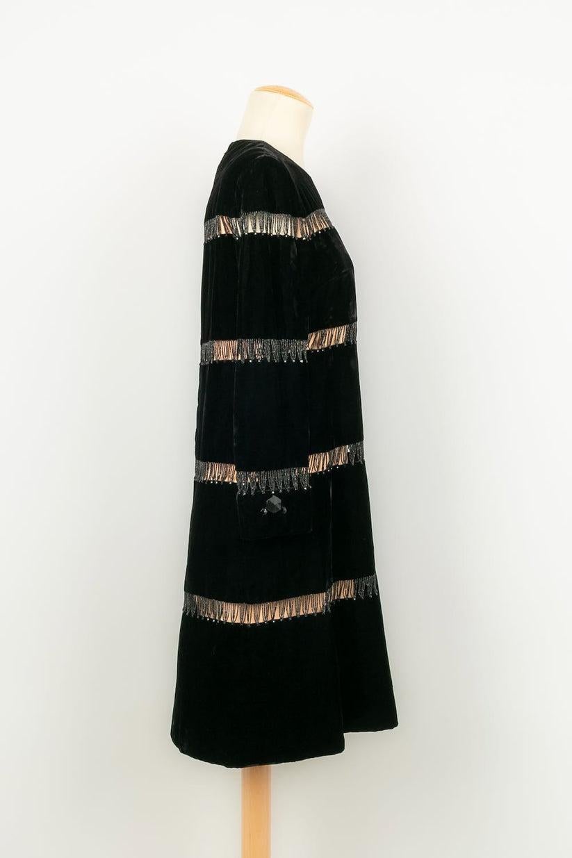 Women's Guy Laroche Haute Couture Dress in Black Silk Velvet, Pearls and Strass For Sale