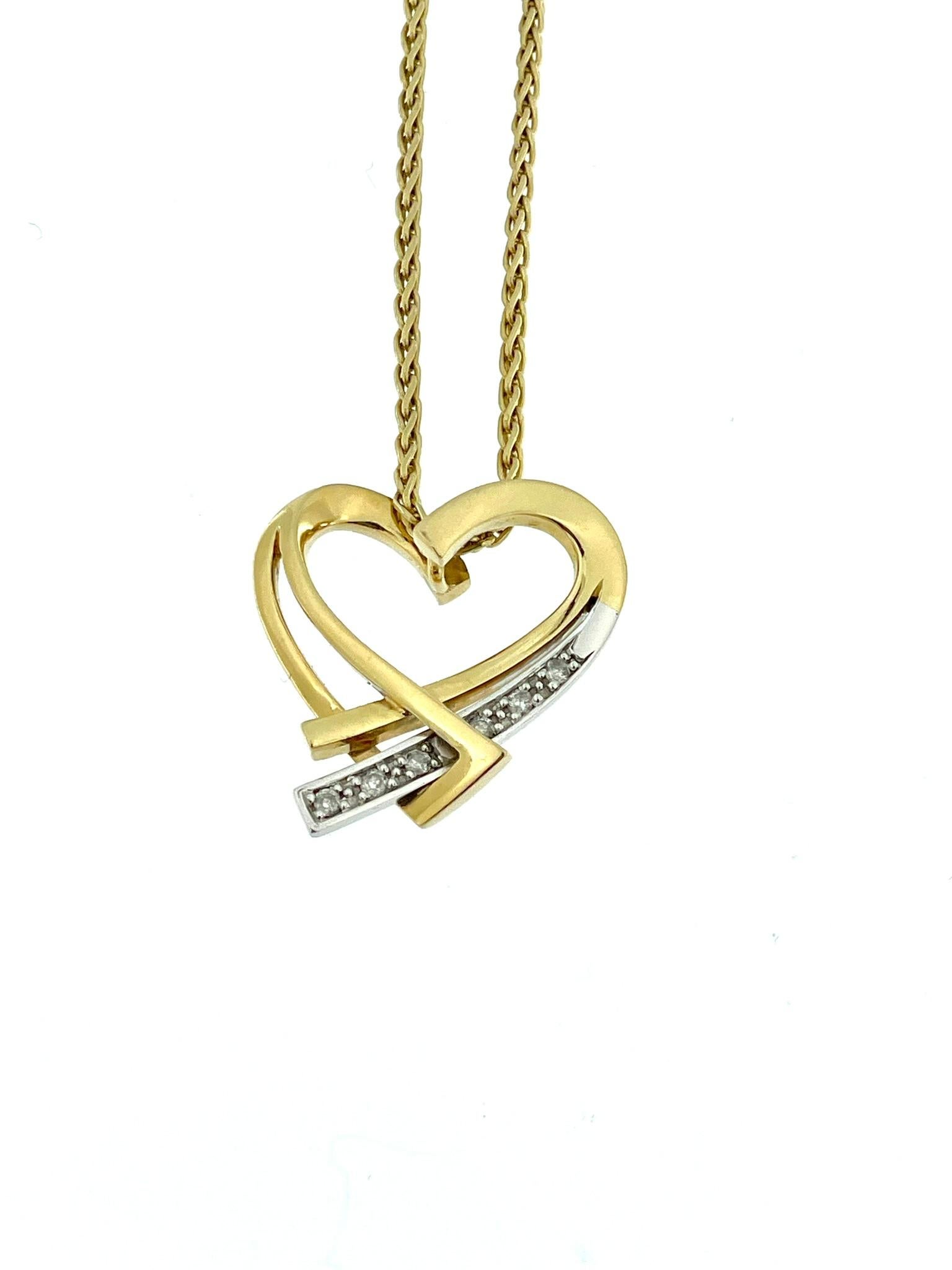 Women's or Men's Guy Laroche Heart Pendant with Chain Yellow and White Gold with Diamonds For Sale