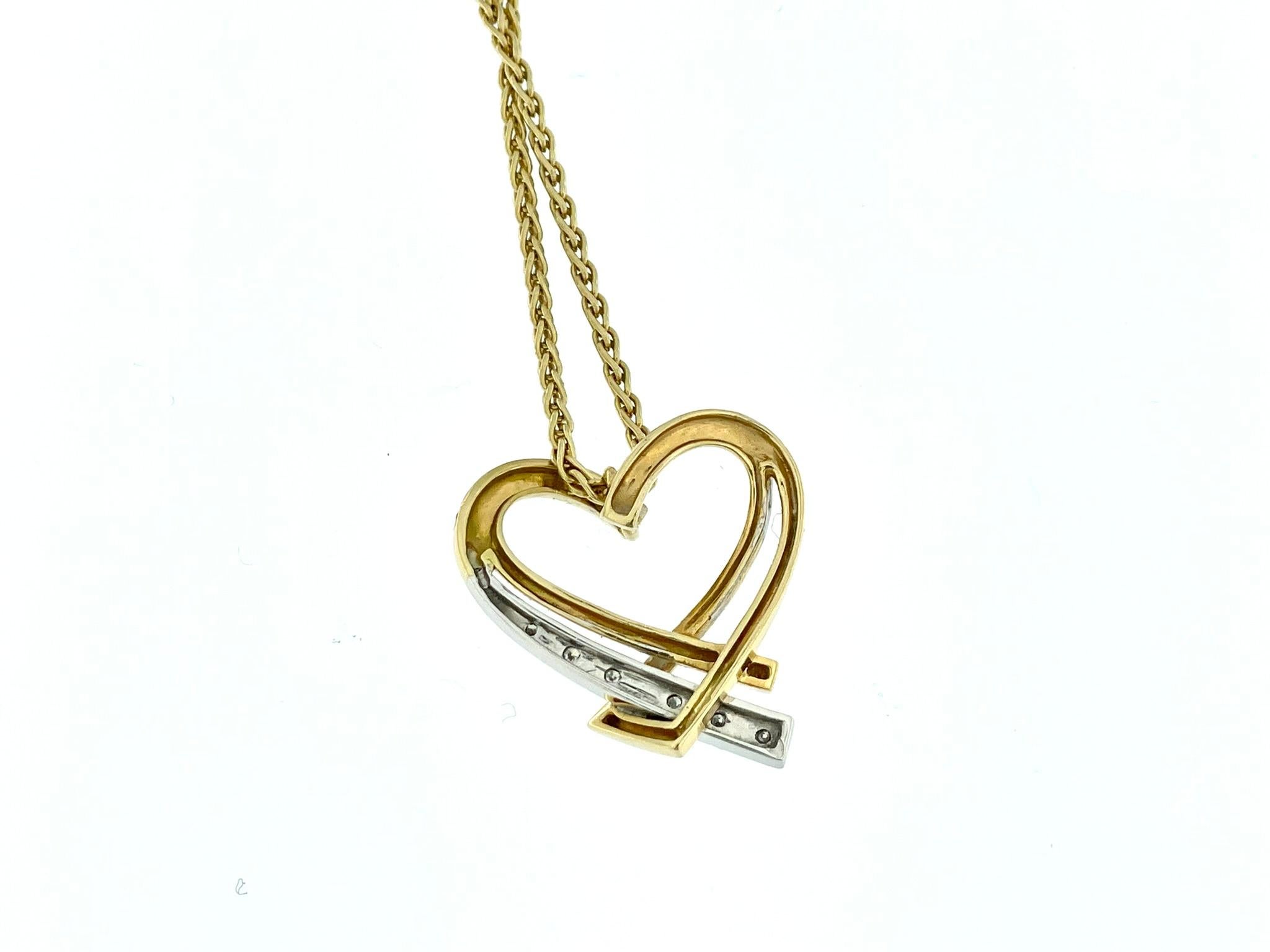 Guy Laroche Heart Pendant with Chain Yellow and White Gold with Diamonds For Sale 1