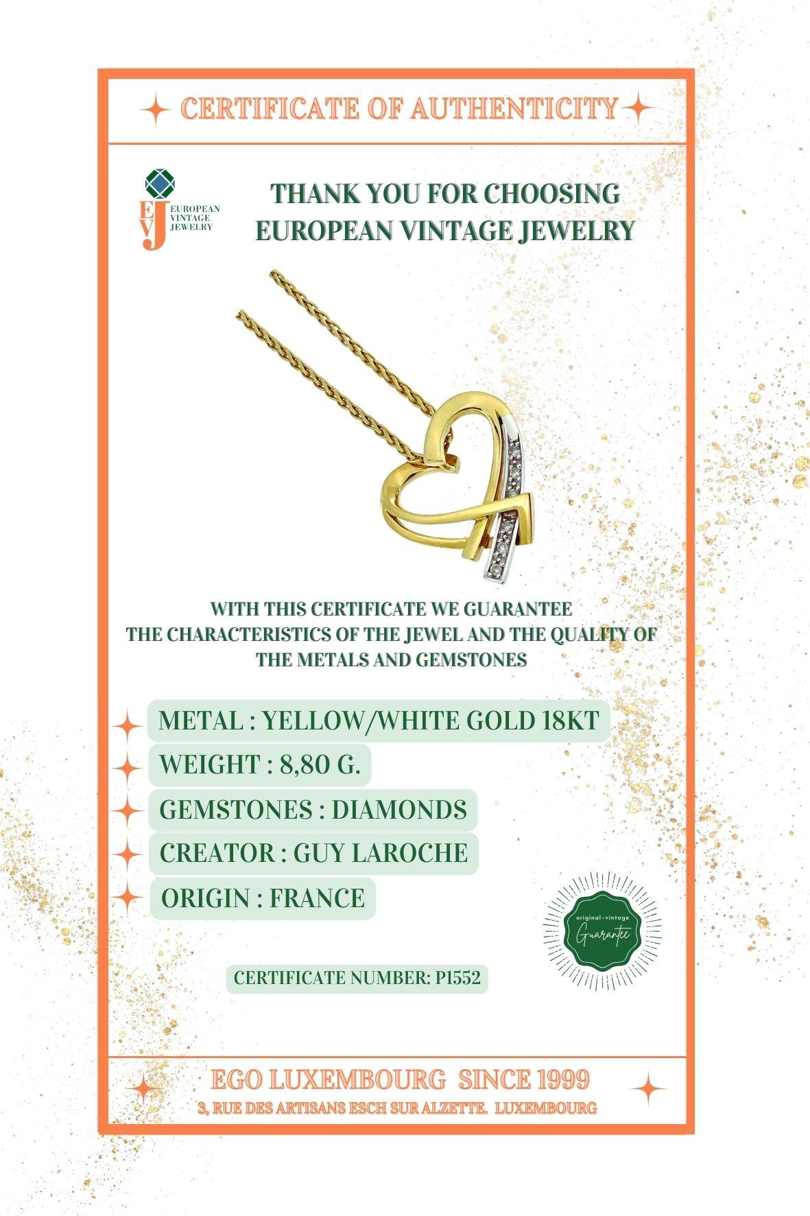 Guy Laroche Pendentif cœur avec chaîne en or jaune et blanc avec diamants en vente 2