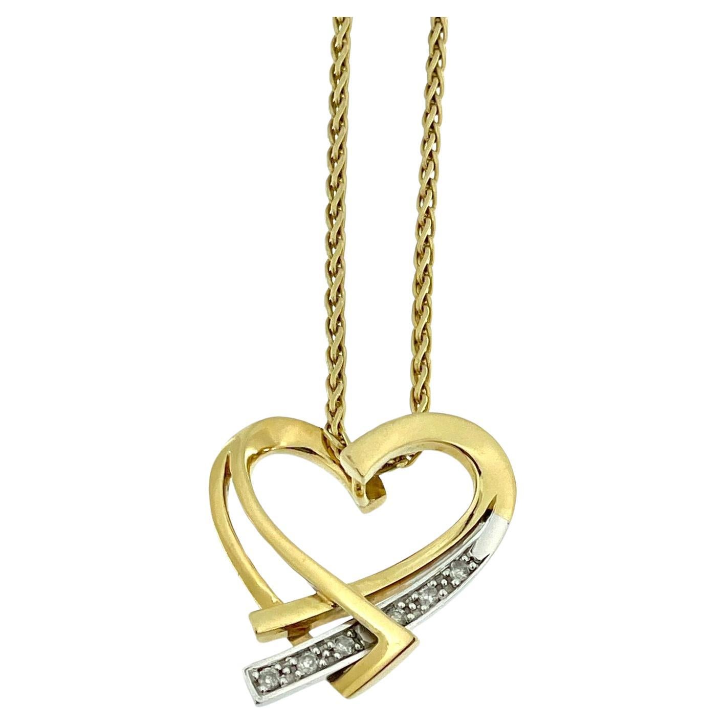 Guy Laroche Heart Pendant with Chain Yellow and White Gold with Diamonds For Sale