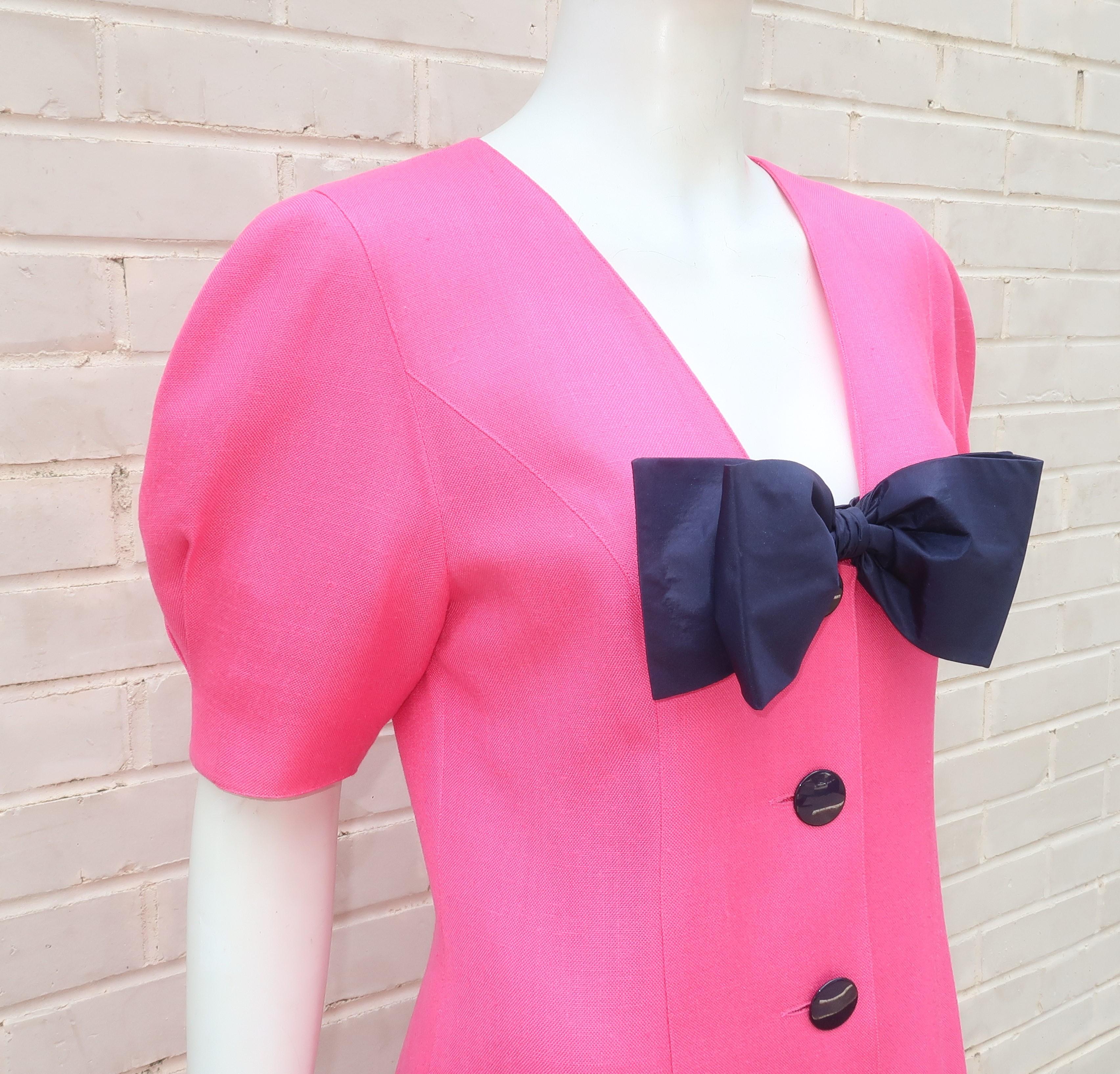 Guy Laroche Hot Pink Linen Dress With Blue Bow, 1980's In Good Condition In Atlanta, GA