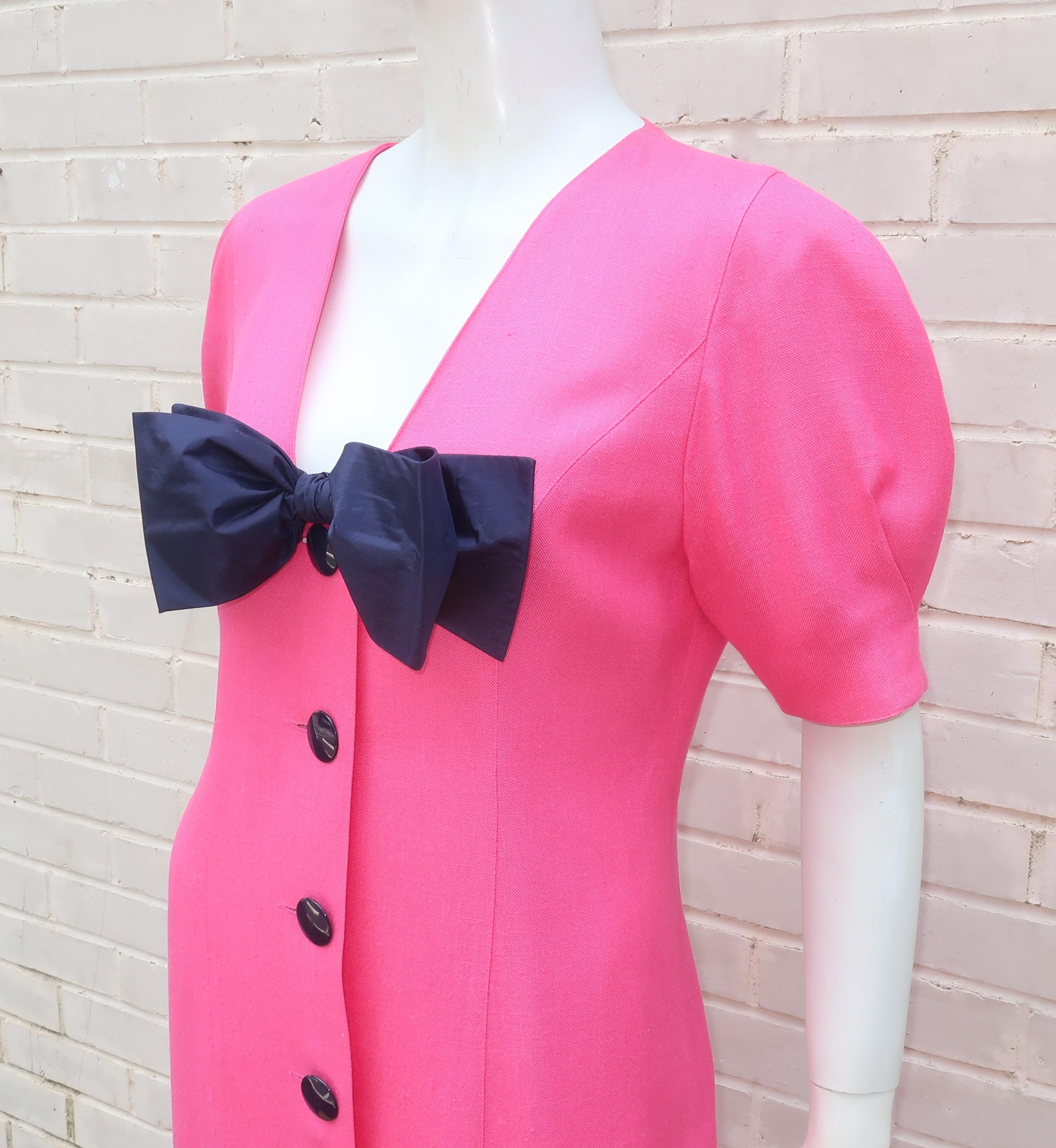Guy Laroche Hot Pink Linen Dress With Blue Bow, 1980's 1