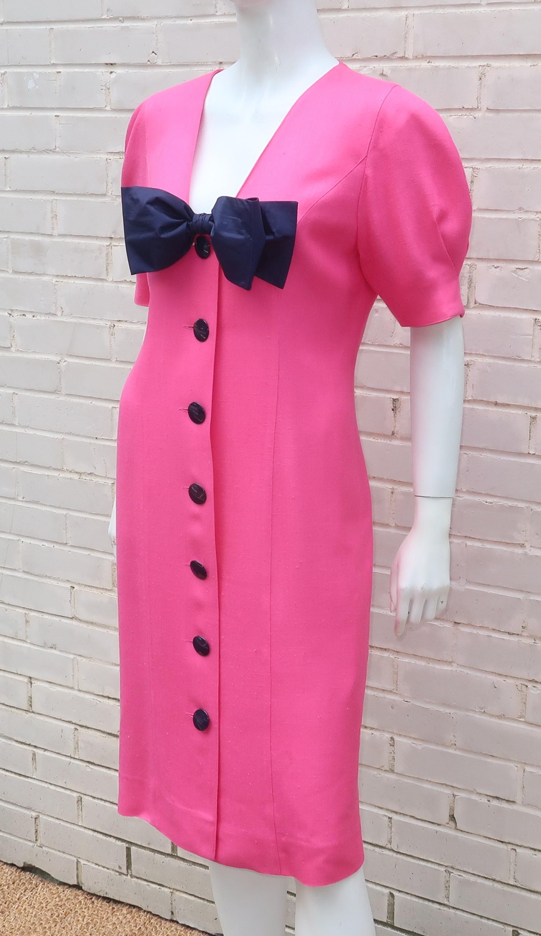Guy Laroche Hot Pink Linen Dress With Blue Bow, 1980's 2