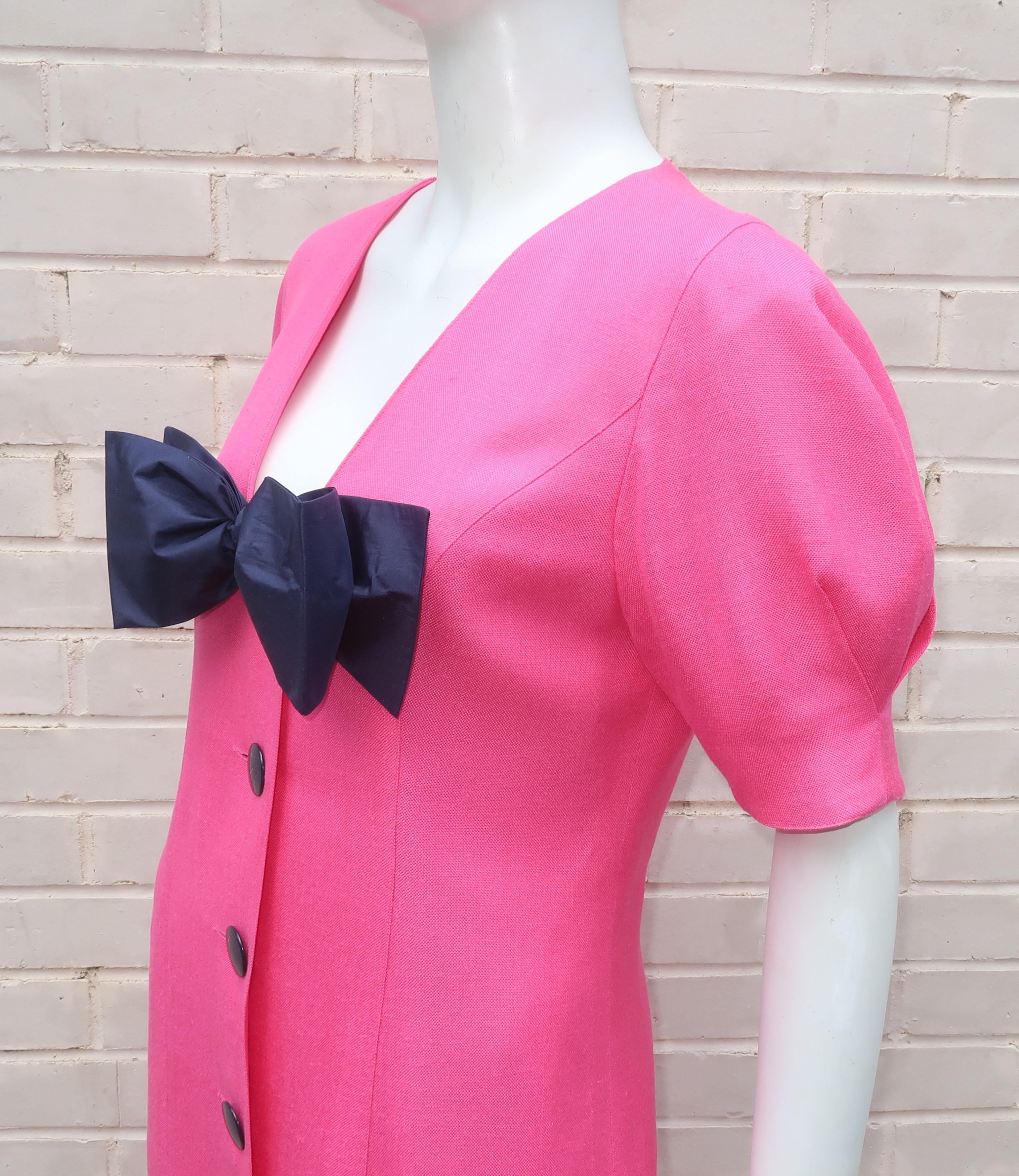 Guy Laroche Hot Pink Linen Dress With Blue Bow, 1980's 3