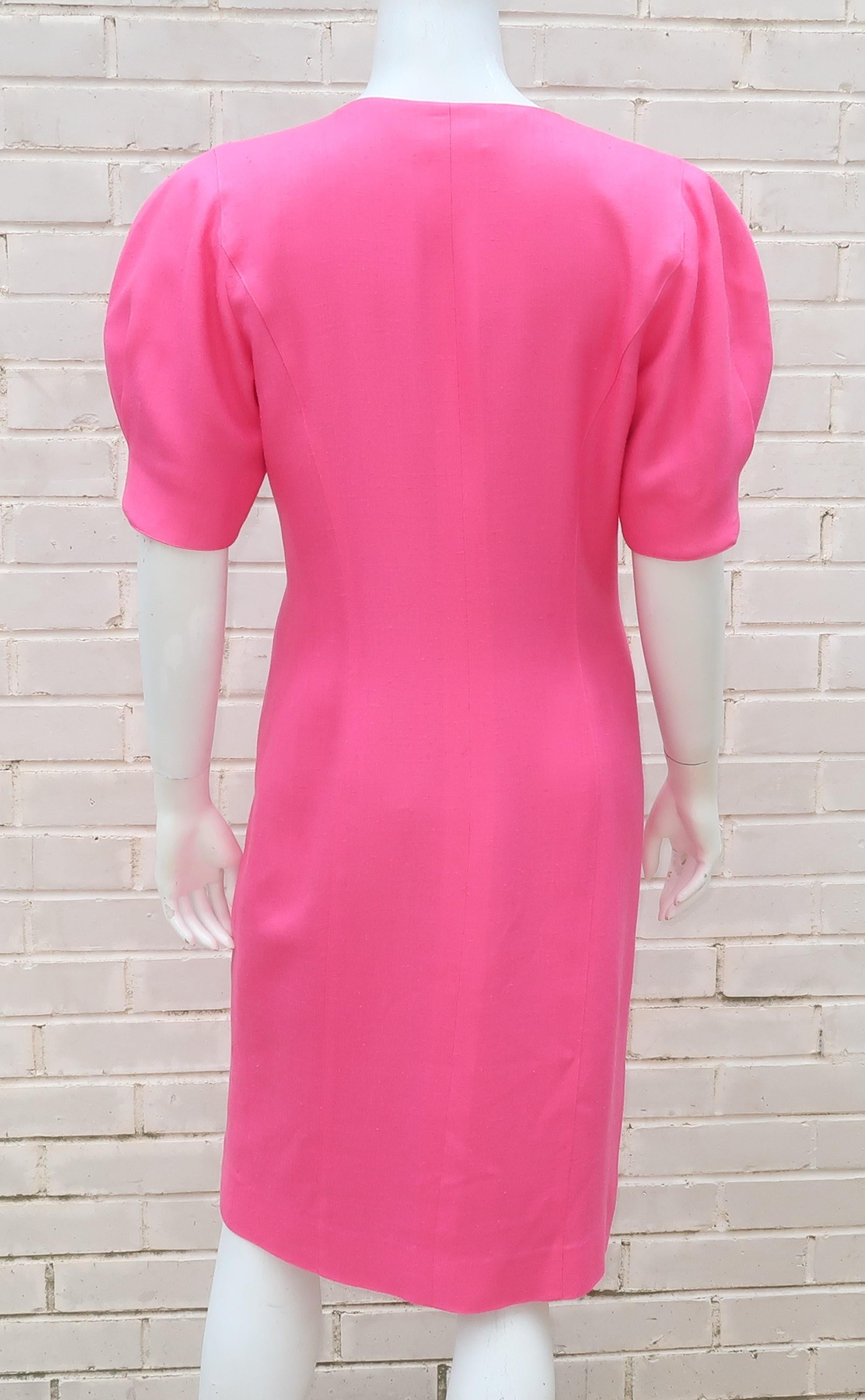 Guy Laroche Hot Pink Linen Dress With Blue Bow, 1980's 4