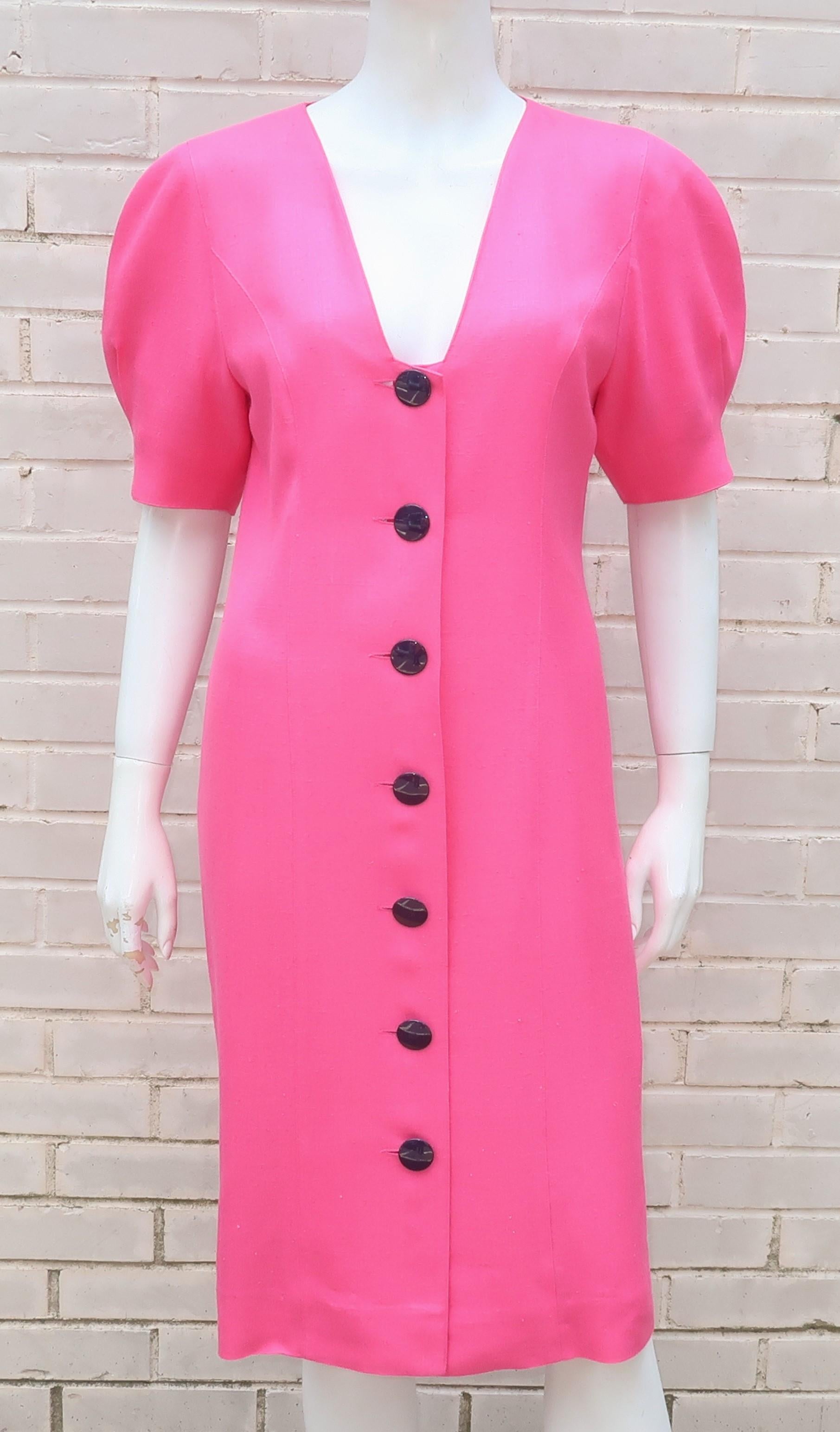 Guy Laroche Hot Pink Linen Dress With Blue Bow, 1980's 5