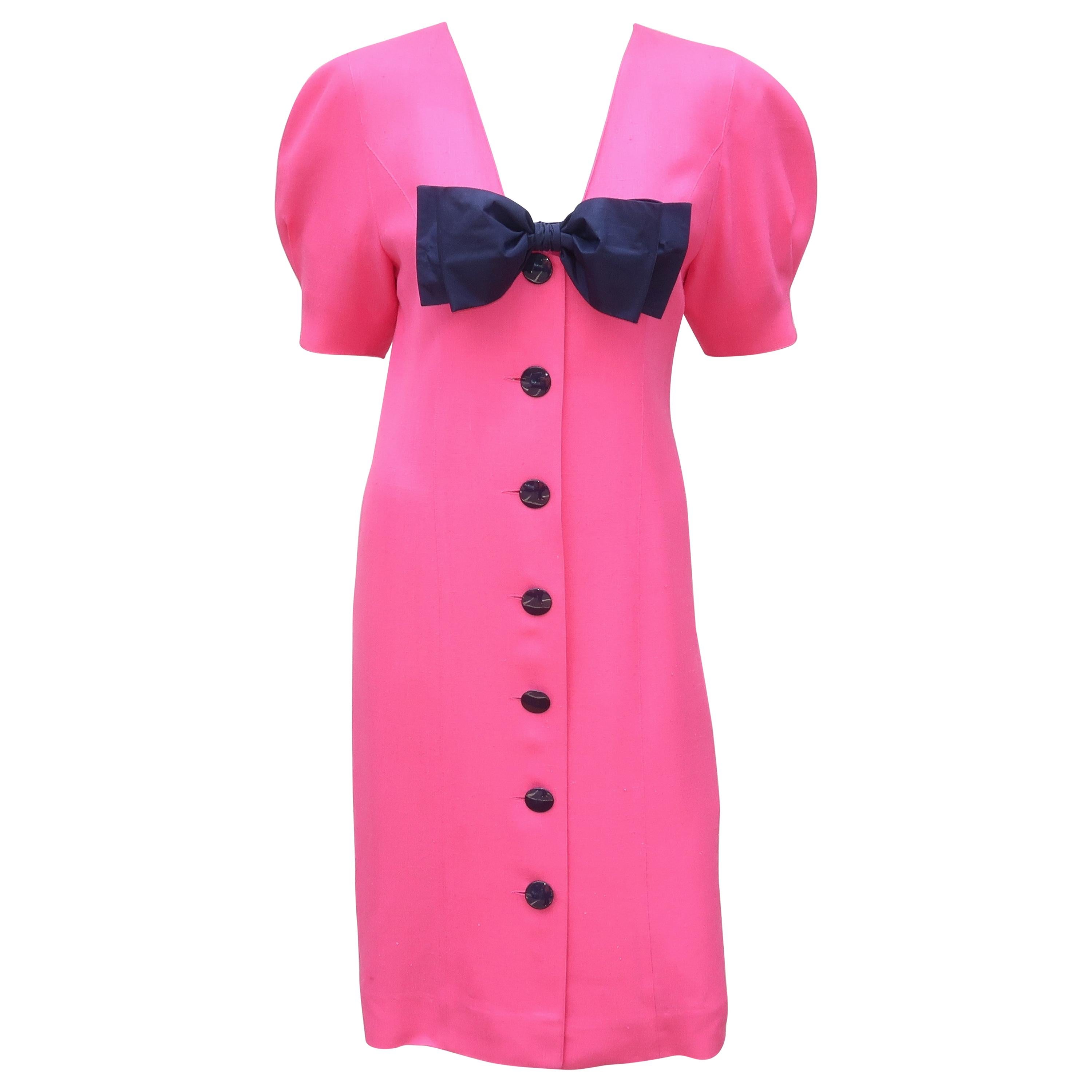 Guy Laroche Hot Pink Linen Dress With Blue Bow, 1980's