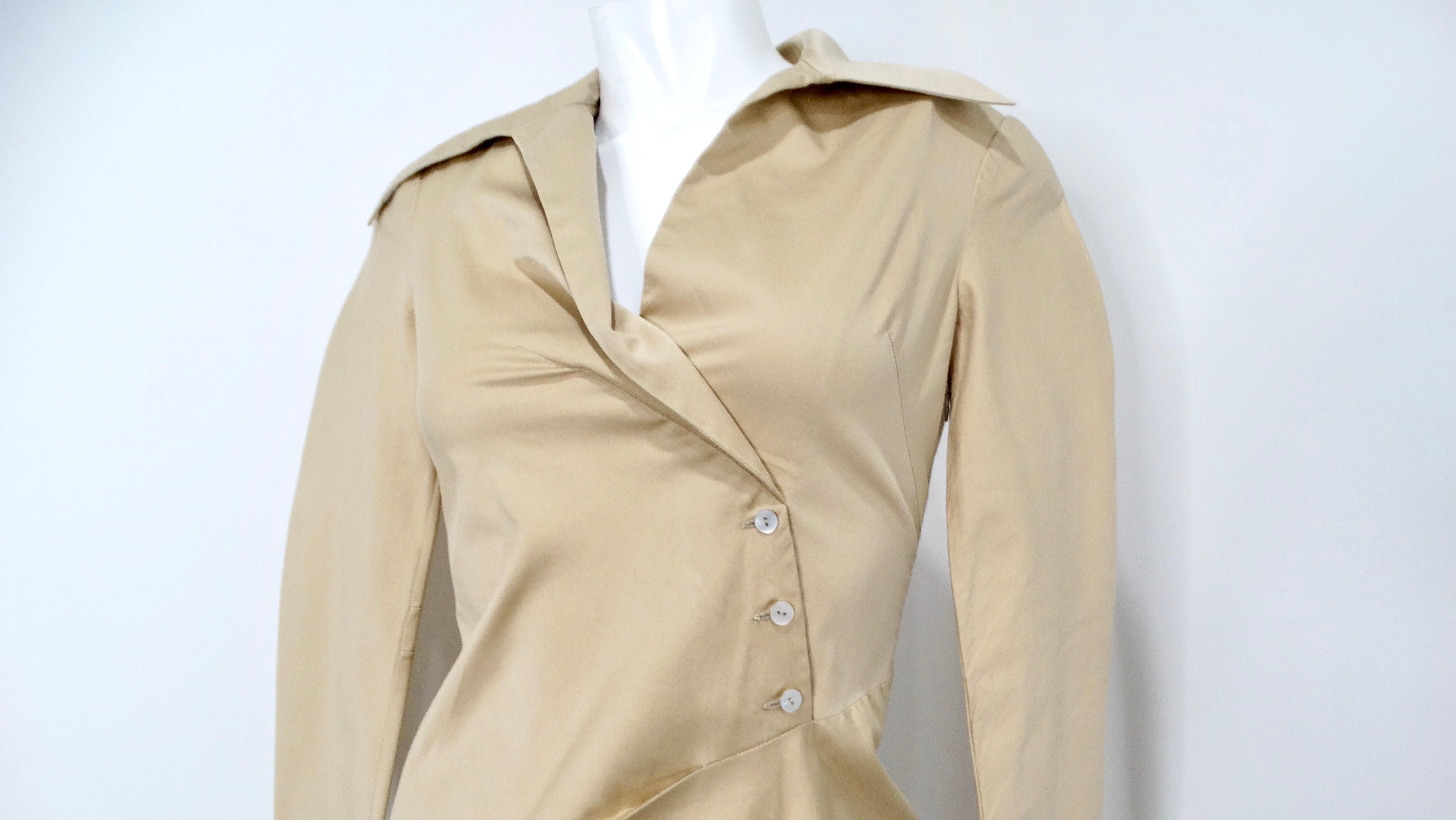 Beige Guy Laroche Khaki Long-Sleeve Maxi Dress With Red Trim and Open Back For Sale