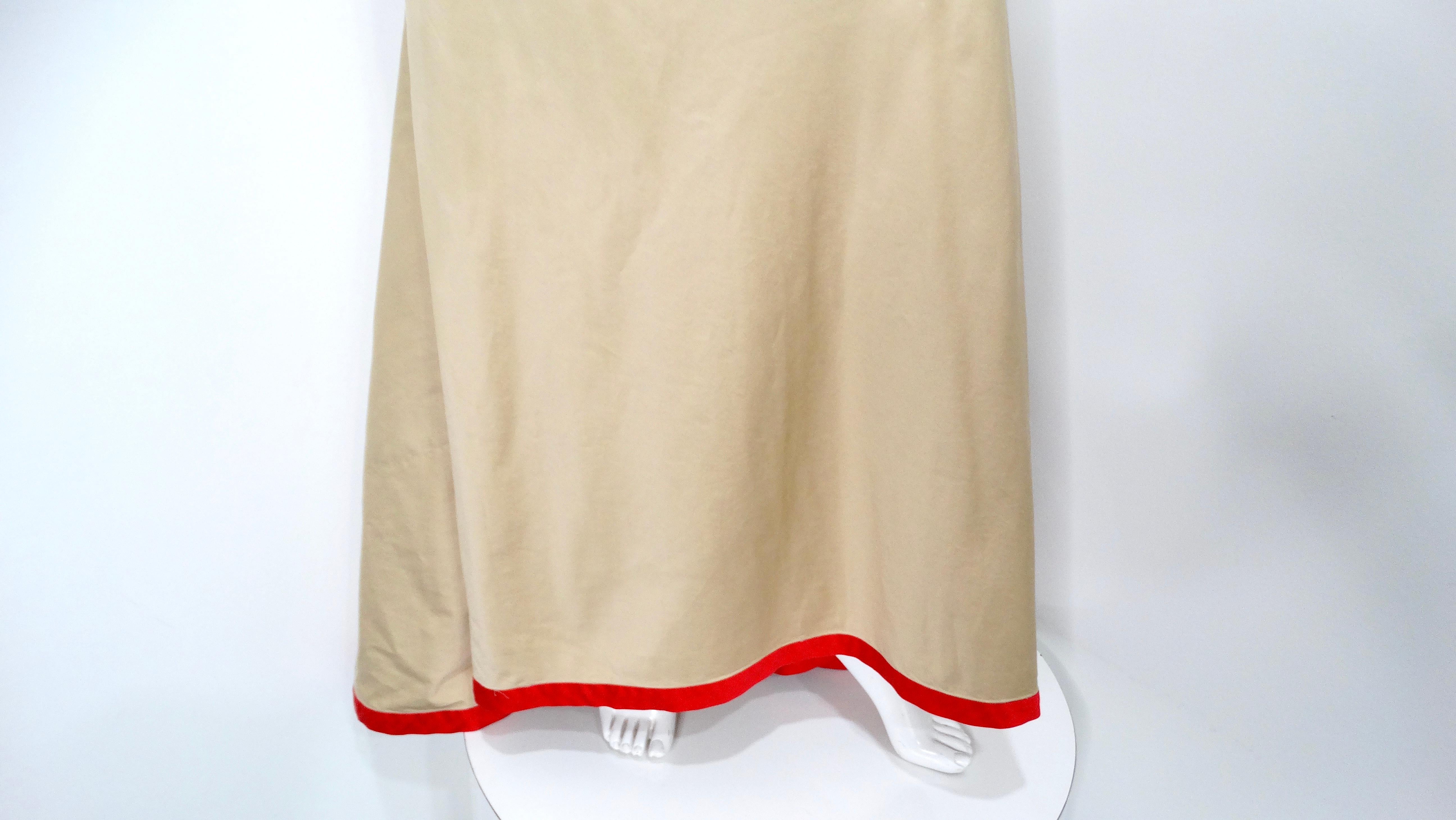 Guy Laroche Khaki Long-Sleeve Maxi Dress With Red Trim and Open Back In Good Condition For Sale In Scottsdale, AZ