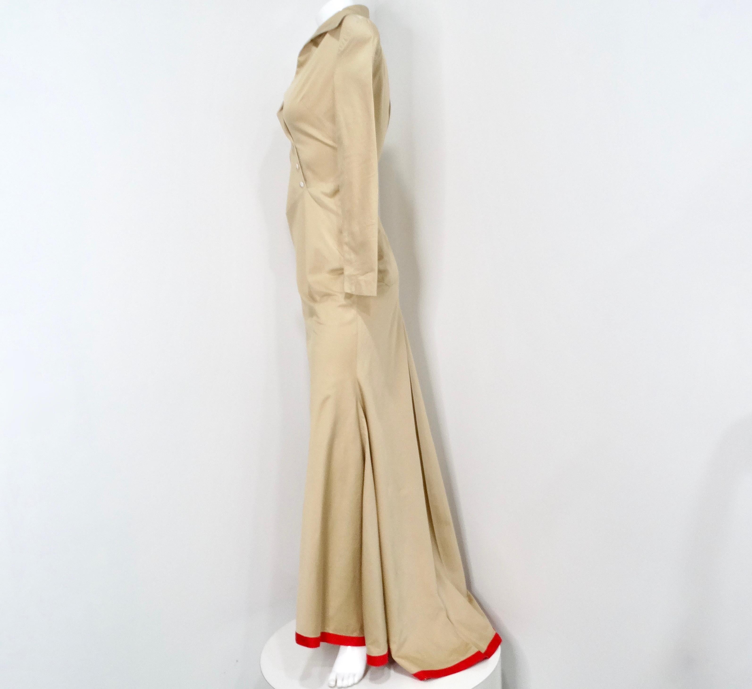 Women's or Men's Guy Laroche Khaki Long-Sleeve Maxi Dress With Red Trim and Open Back For Sale