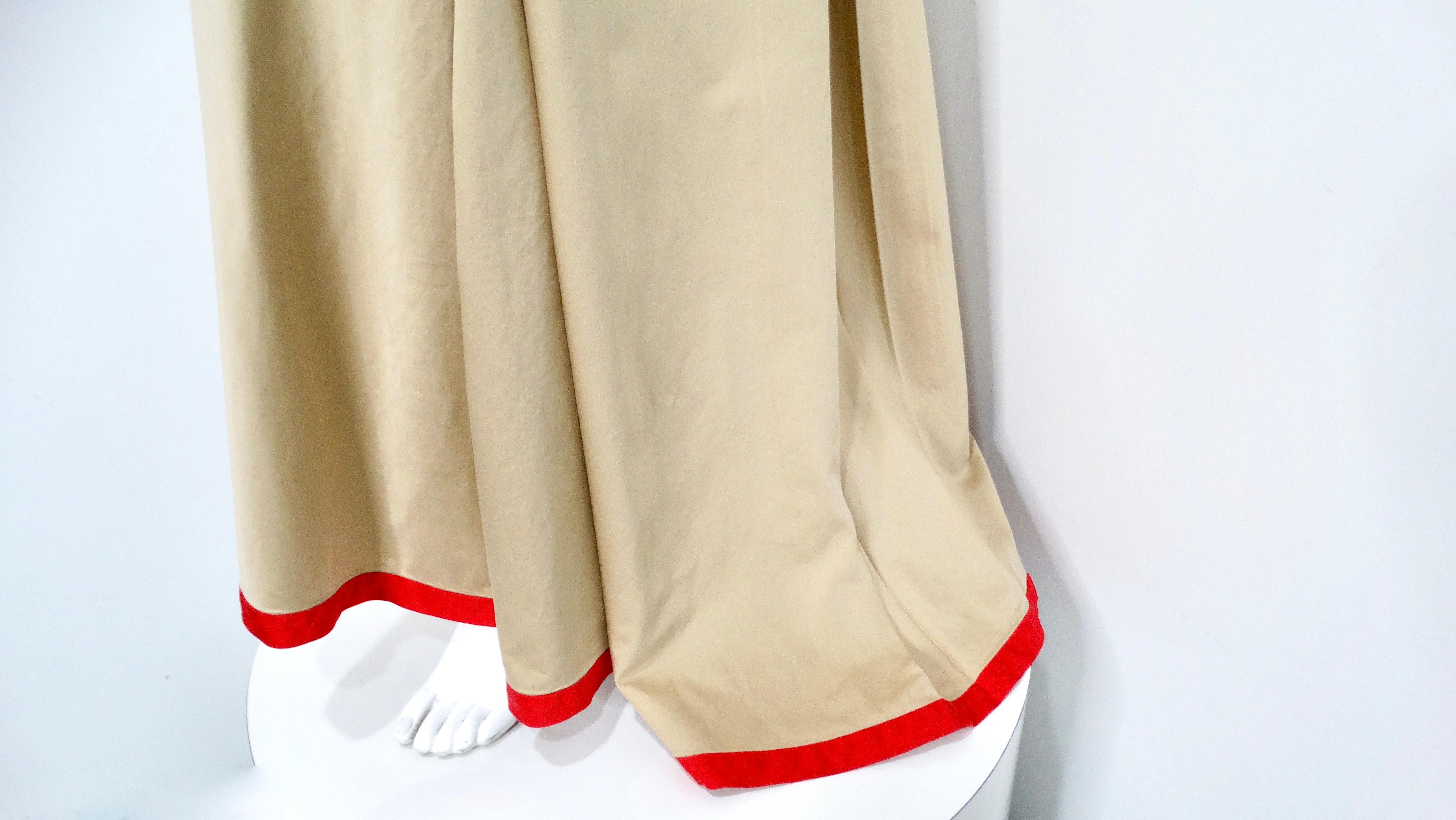 Guy Laroche Khaki Long-Sleeve Maxi Dress With Red Trim and Open Back For Sale 1