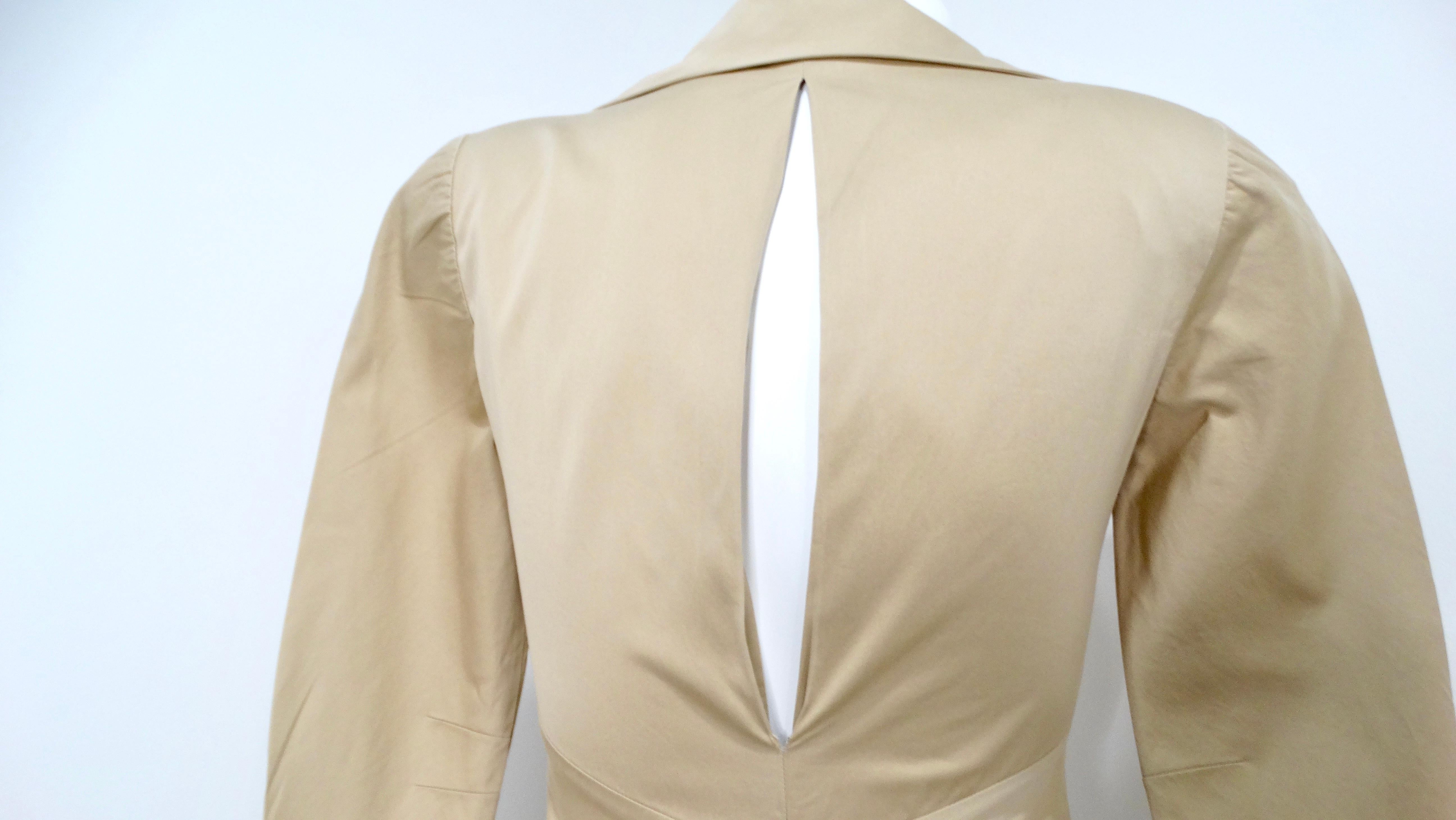 Guy Laroche Khaki Long-Sleeve Maxi Dress With Red Trim and Open Back For Sale 2