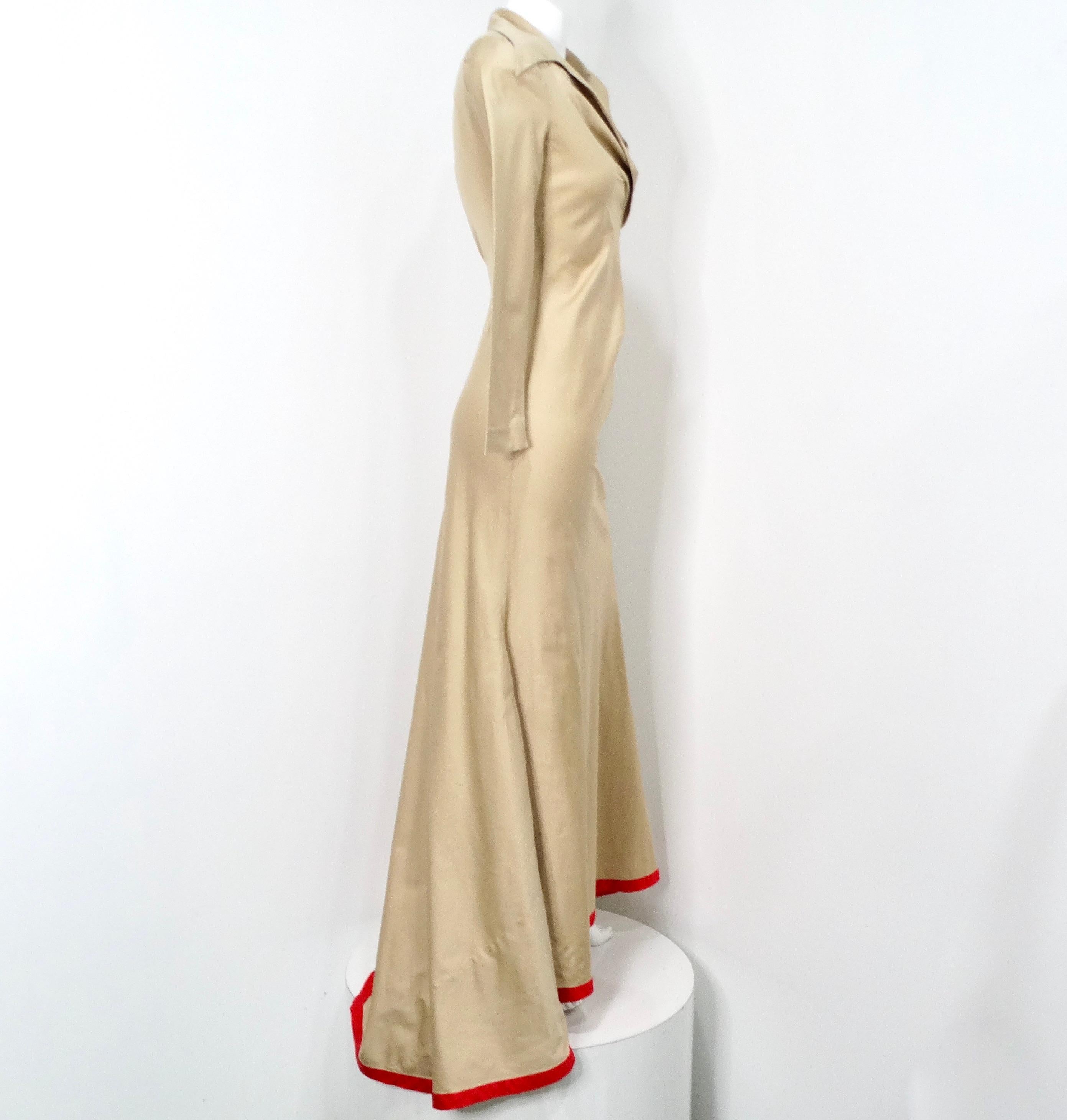 Guy Laroche Khaki Long-Sleeve Maxi Dress With Red Trim and Open Back For Sale 4