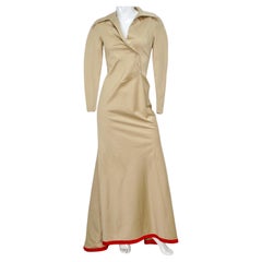 Guy Laroche Khaki Long-Sleeve Maxi Dress With Red Trim and Open Back
