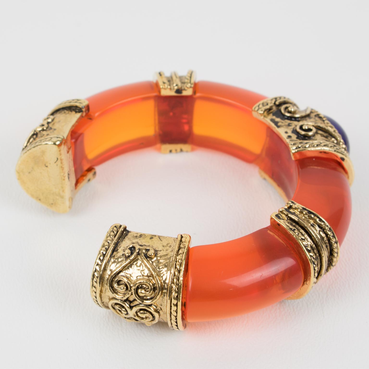 Guy Laroche Orange Lucite Jeweled Cuff Bracelet In Good Condition In Atlanta, GA