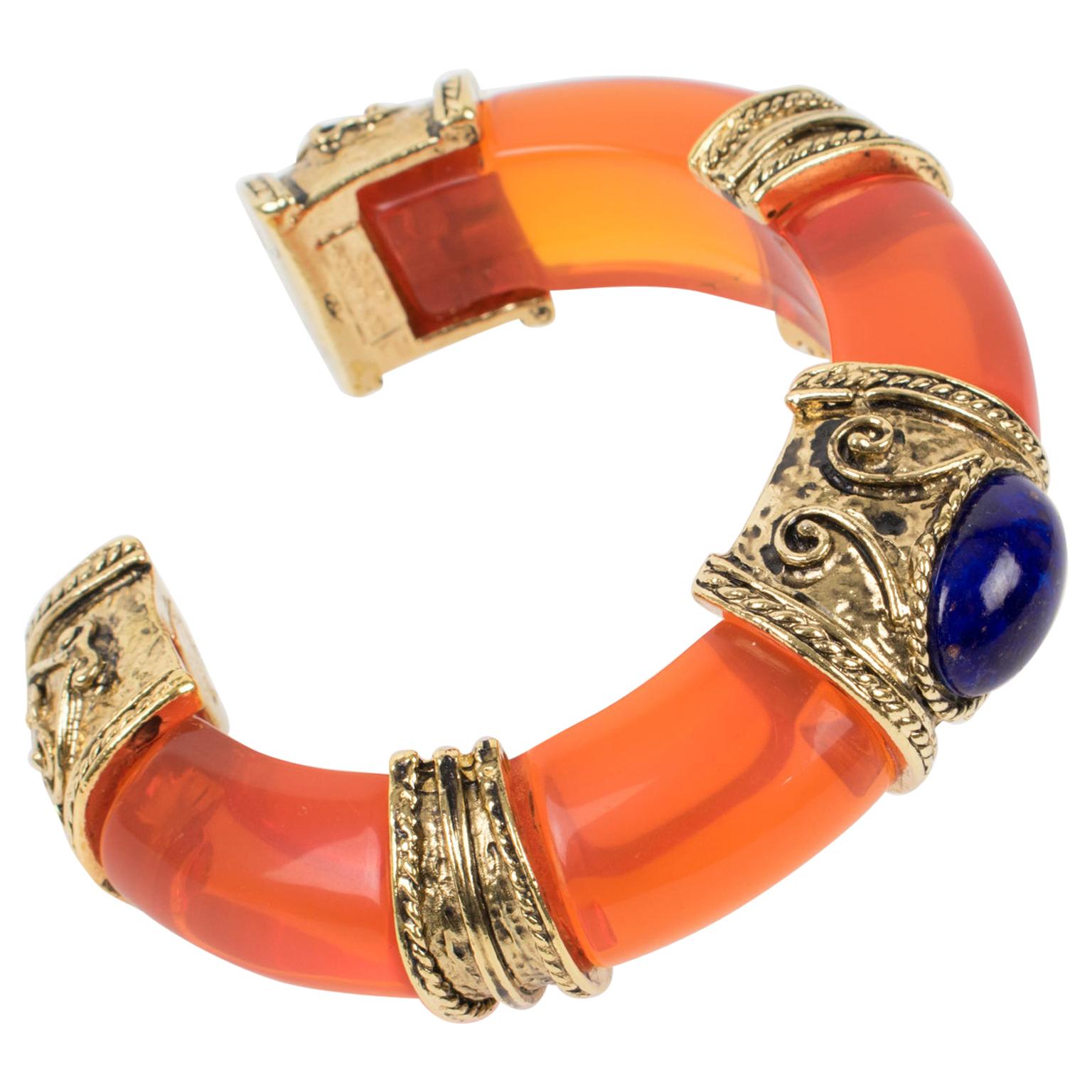 Guy Laroche Orange Lucite Jeweled Cuff Bracelet