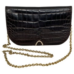 Guy Laroche Paris Chocolate Brown Glazed Crocodile Gold Hardware Shoulder Bag