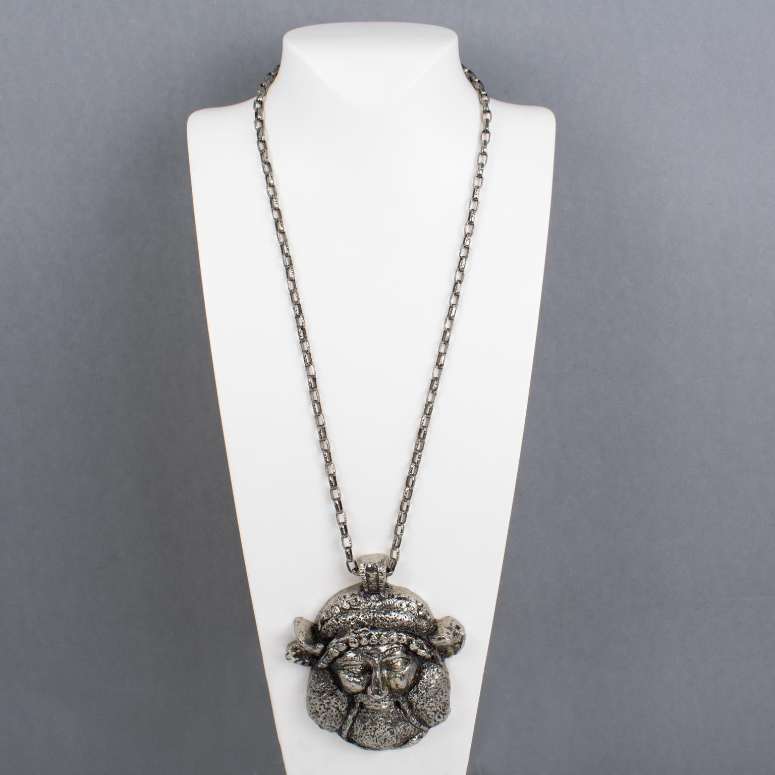 Modernist Guy Laroche Paris Massive Silvered Resin Viking God Medallion Necklace For Sale